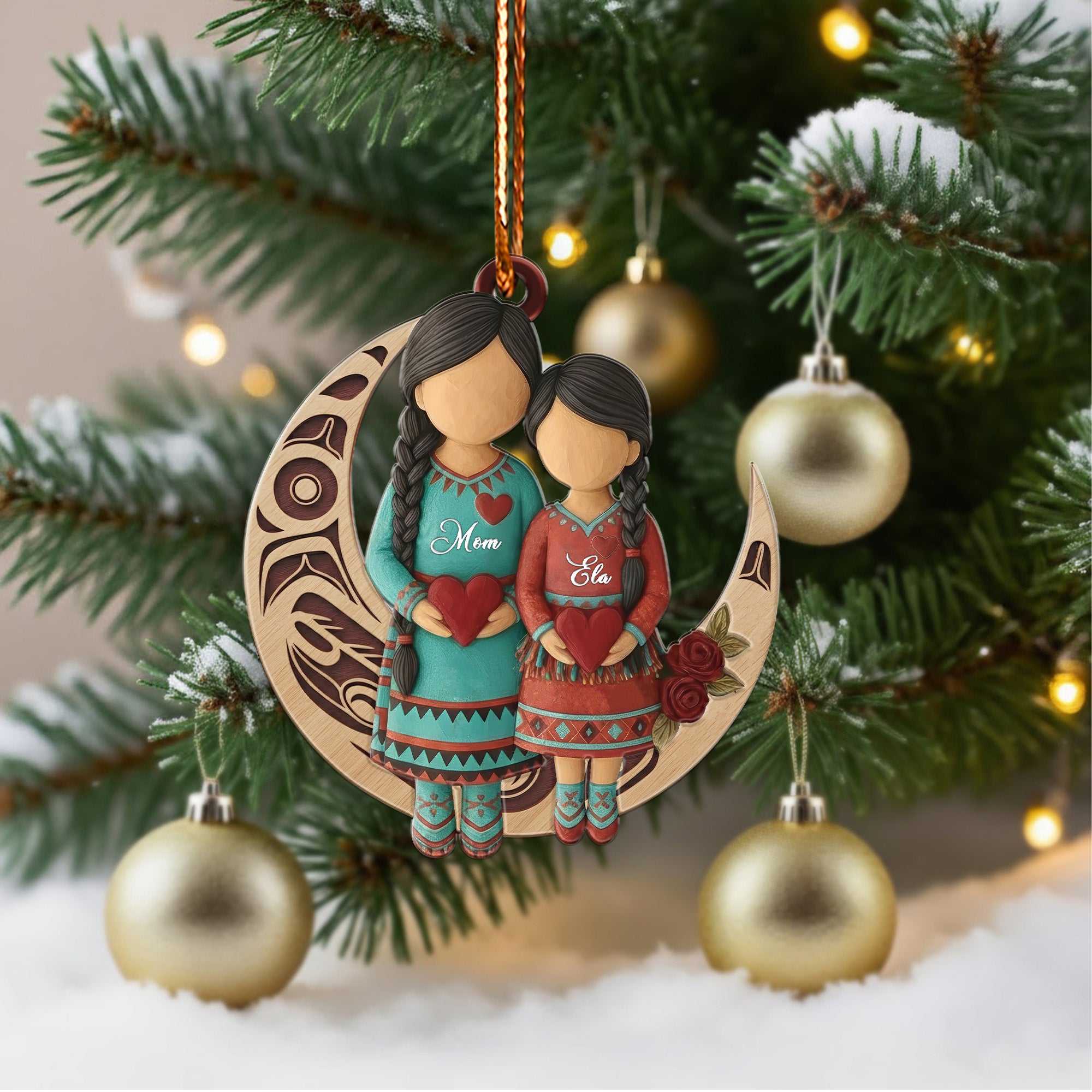 Native Mother & Daughter Moon Ornament Unique Christmas Gift Decor Flat Acrylic (Custom Name)