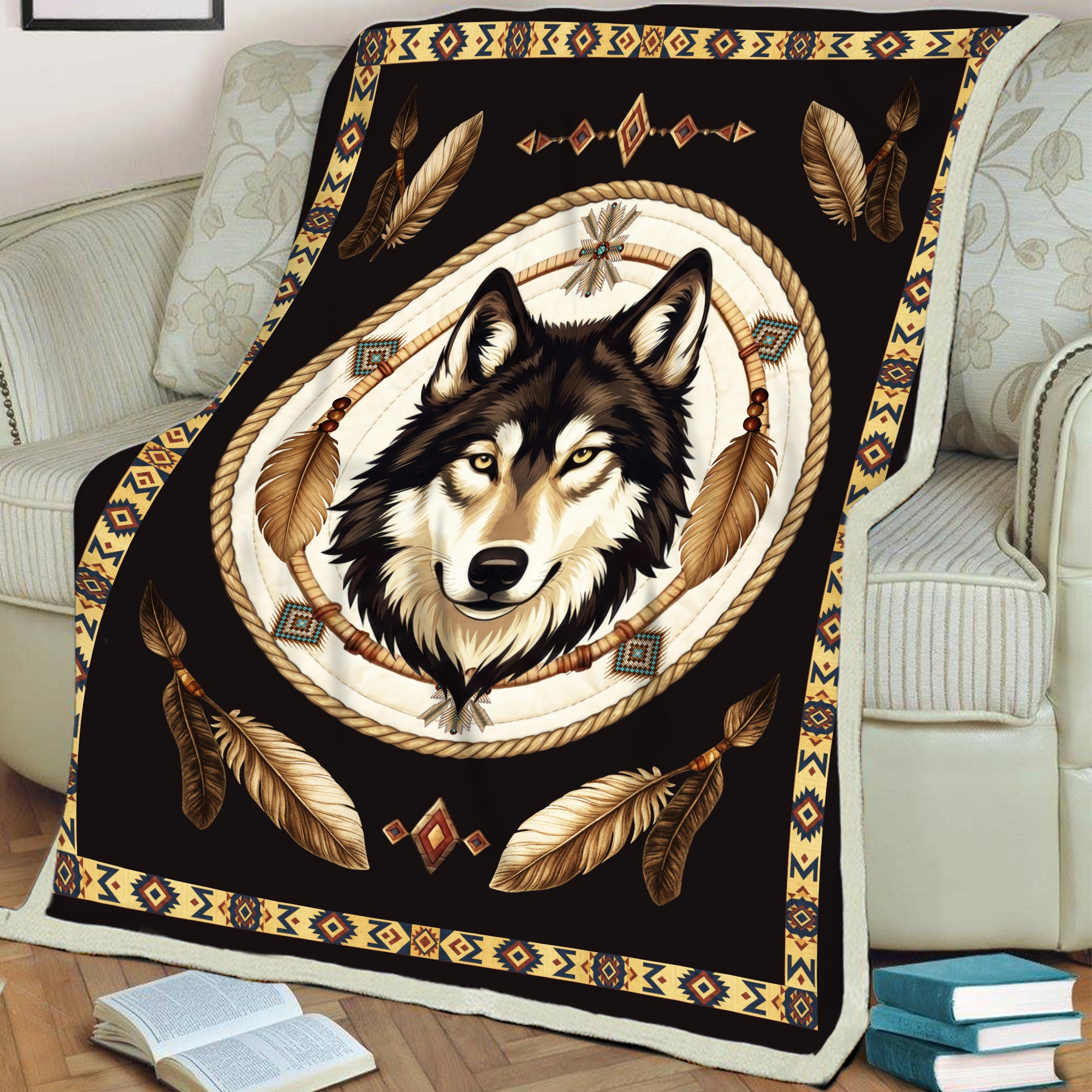 Native Wisdom Wolf Throw Native American Cozy Fleece Blanket