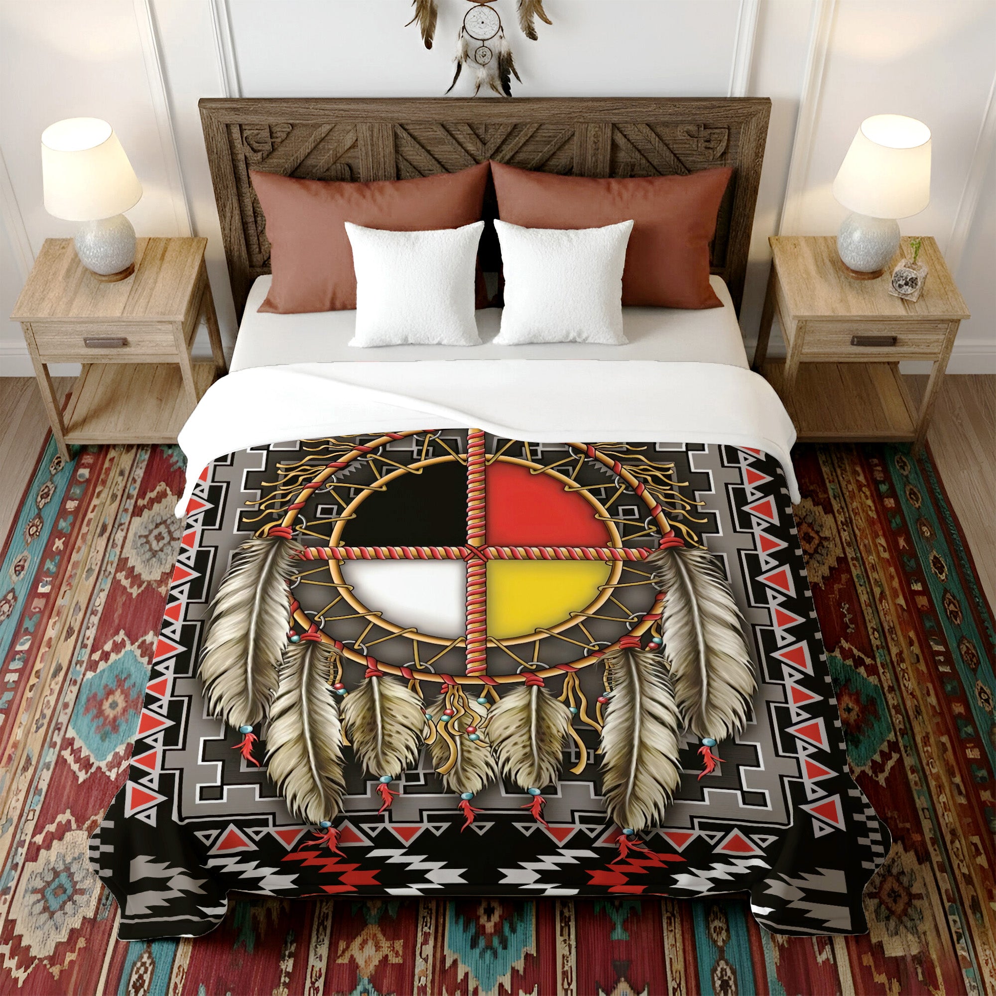 Native American Dreamcatcher Medicine Wheel with Feathers Soft And Warm Fleece Blanket