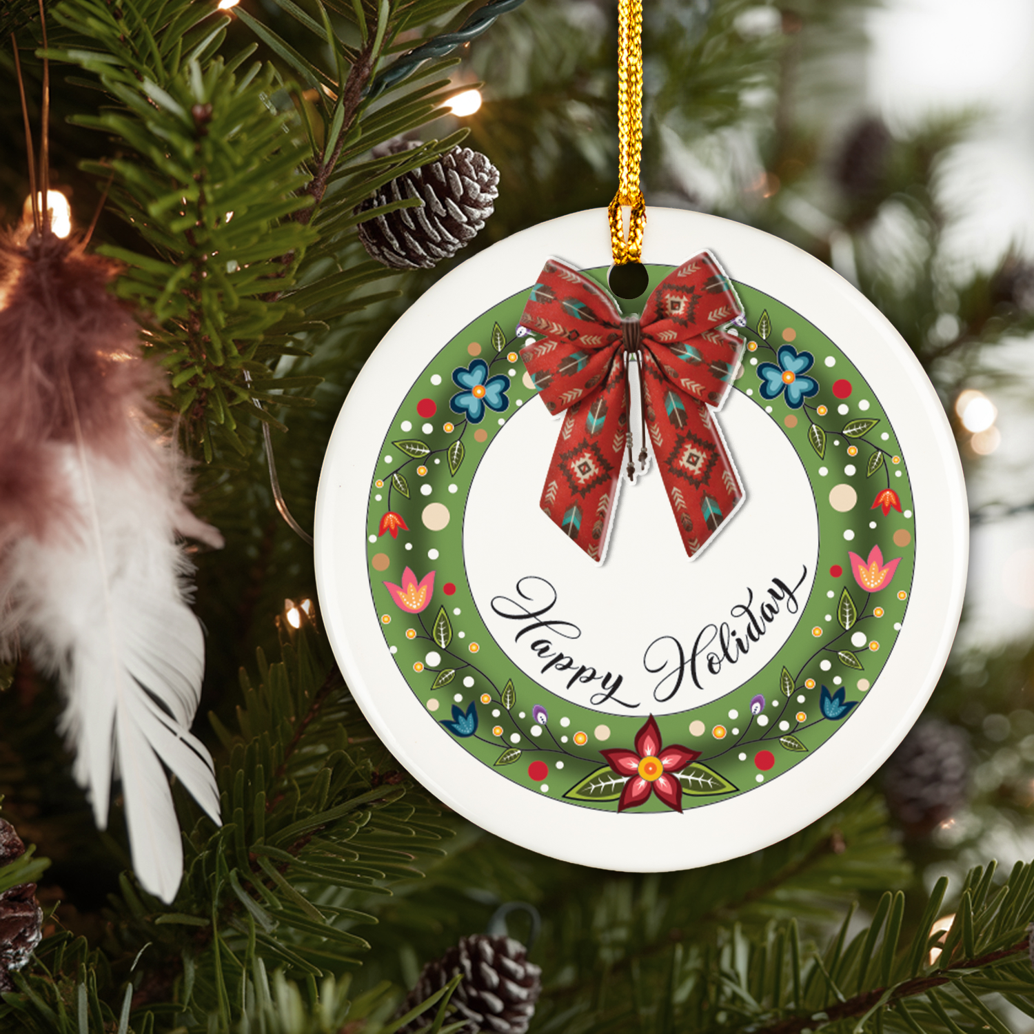 Tribal Bow Wreath Ceramic & Acrylic Round Ornament Native-Inspired Holiday Decor