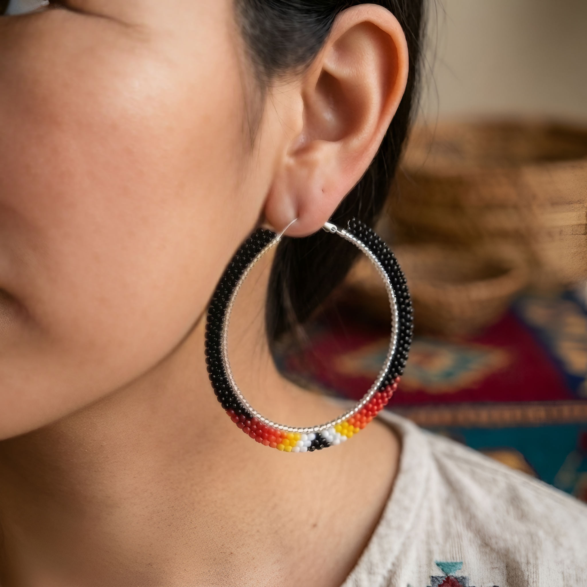 Native American Black Beaded Hoop Earrings – Red Yellow White Seed Bead Statement Jewelry