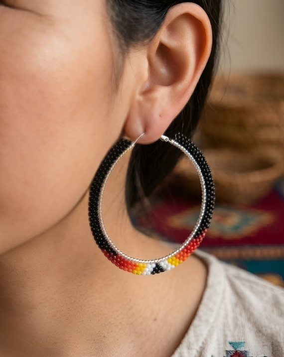 Native American Black Beaded Hoop Earrings – Red Yellow White Seed Bead Statement Jewelry