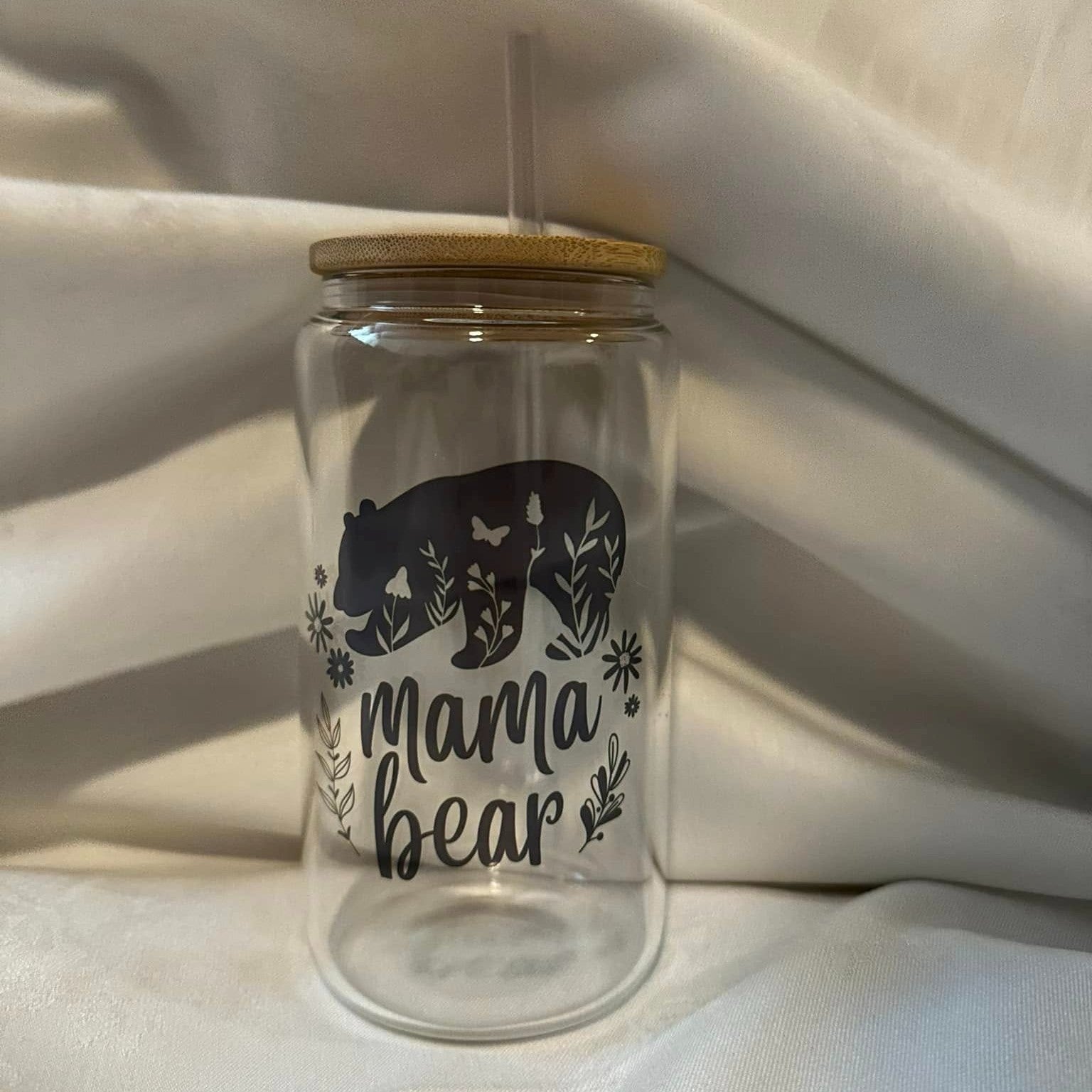 Mama and Grandma Bear - Borosilicate Glass Cup with Lid and Straw - Gift for Grandma and Mom, Special Grandma and Mom Appreciation Gift