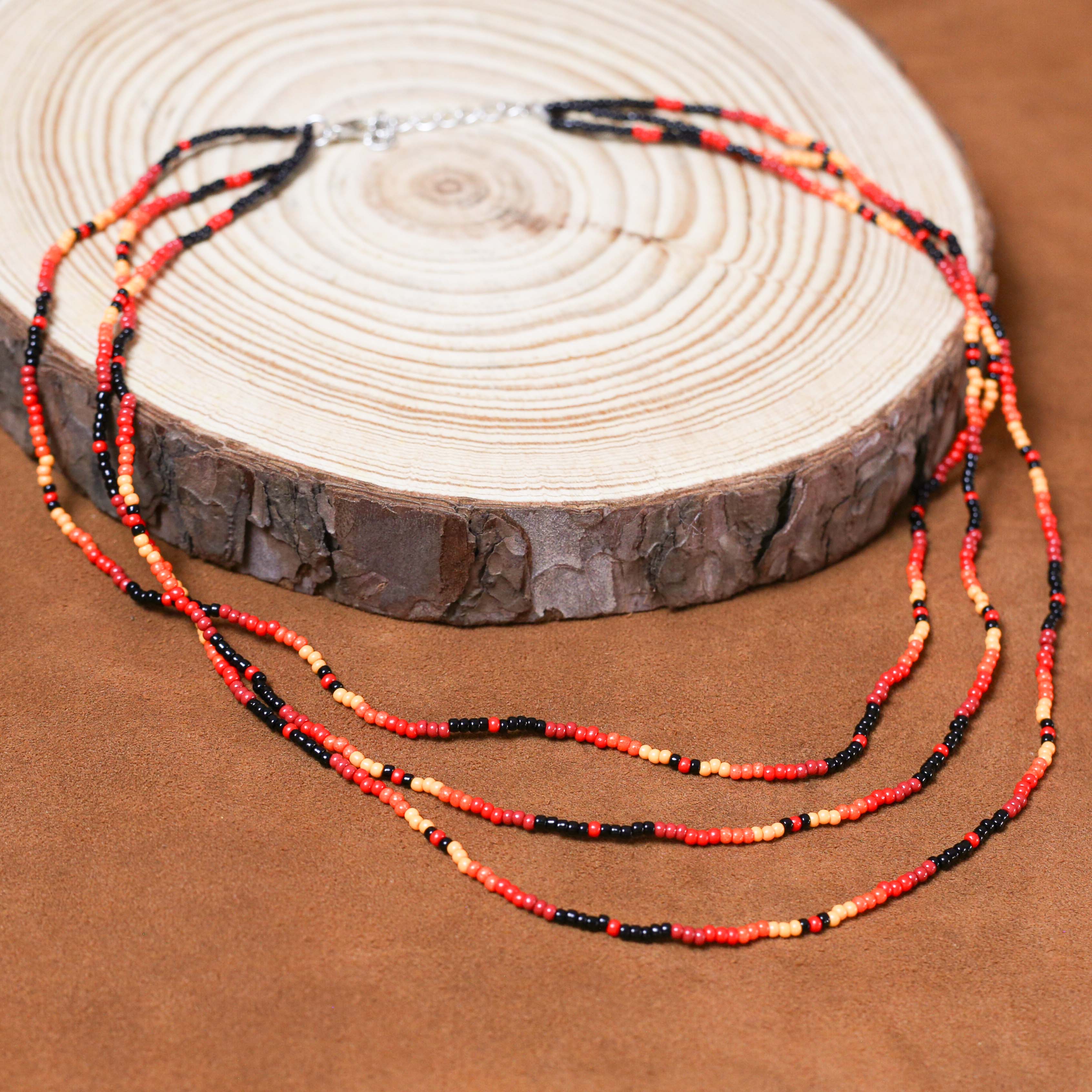 Sunset Harmony Beaded Necklace and Bracelets Set – Red, Orange, Yellow, and Black Design