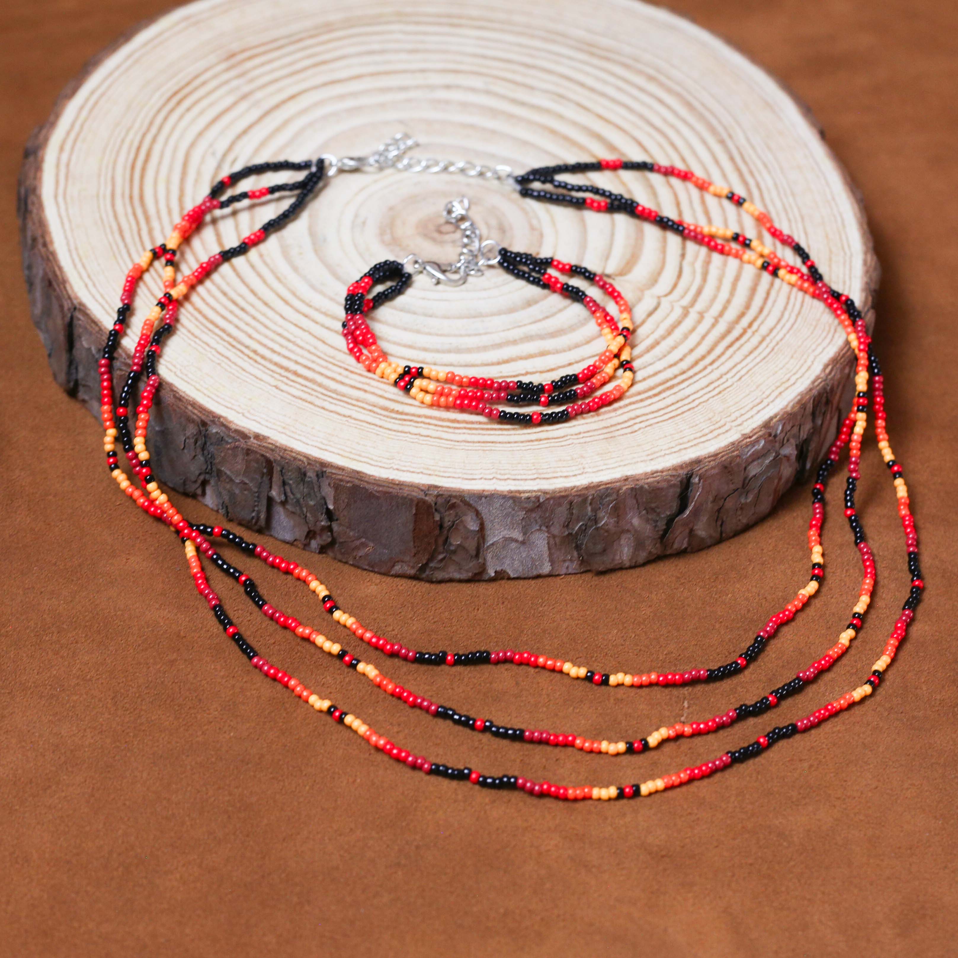 Sunset Harmony Beaded Necklace – Red, Orange, Yellow, and Black Design