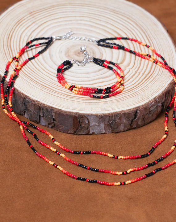 Sunset Harmony Beaded Necklace and Bracelets Set – Red, Orange, Yellow, and Black Design