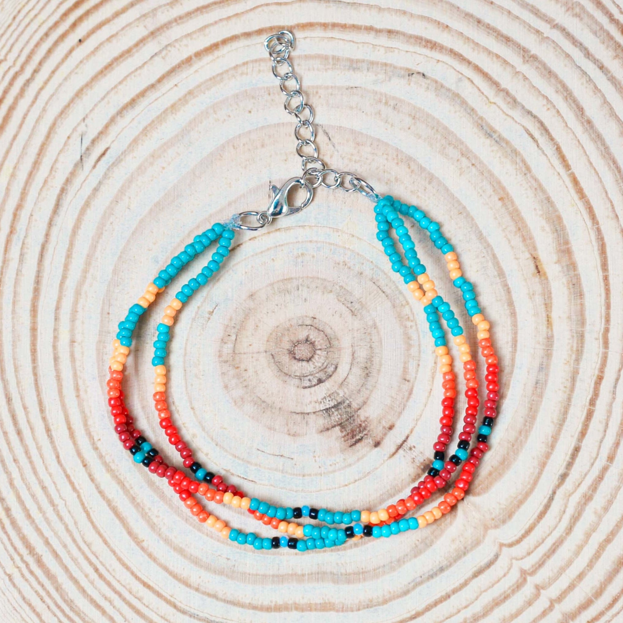 Sunset Glow Beaded Bracelet – Multi-Color Design with Red, Yellow, and Turquoise