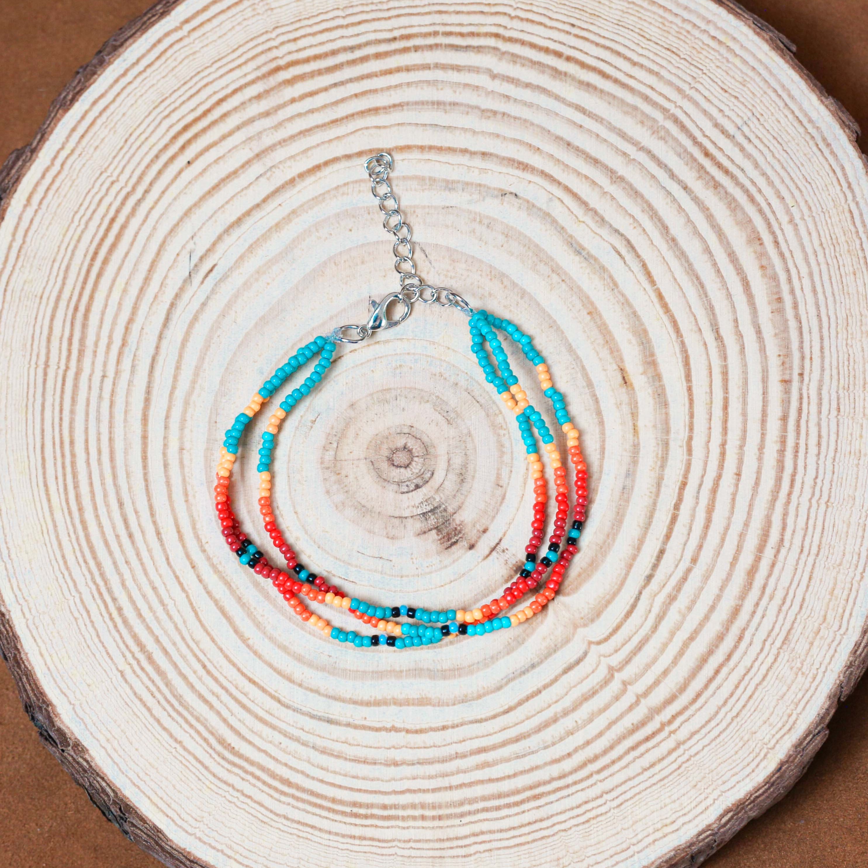 Sunset Glow Beaded Necklace And Bracelets Set – Multi-Strand with Red, Orange, and Turquoise Beads