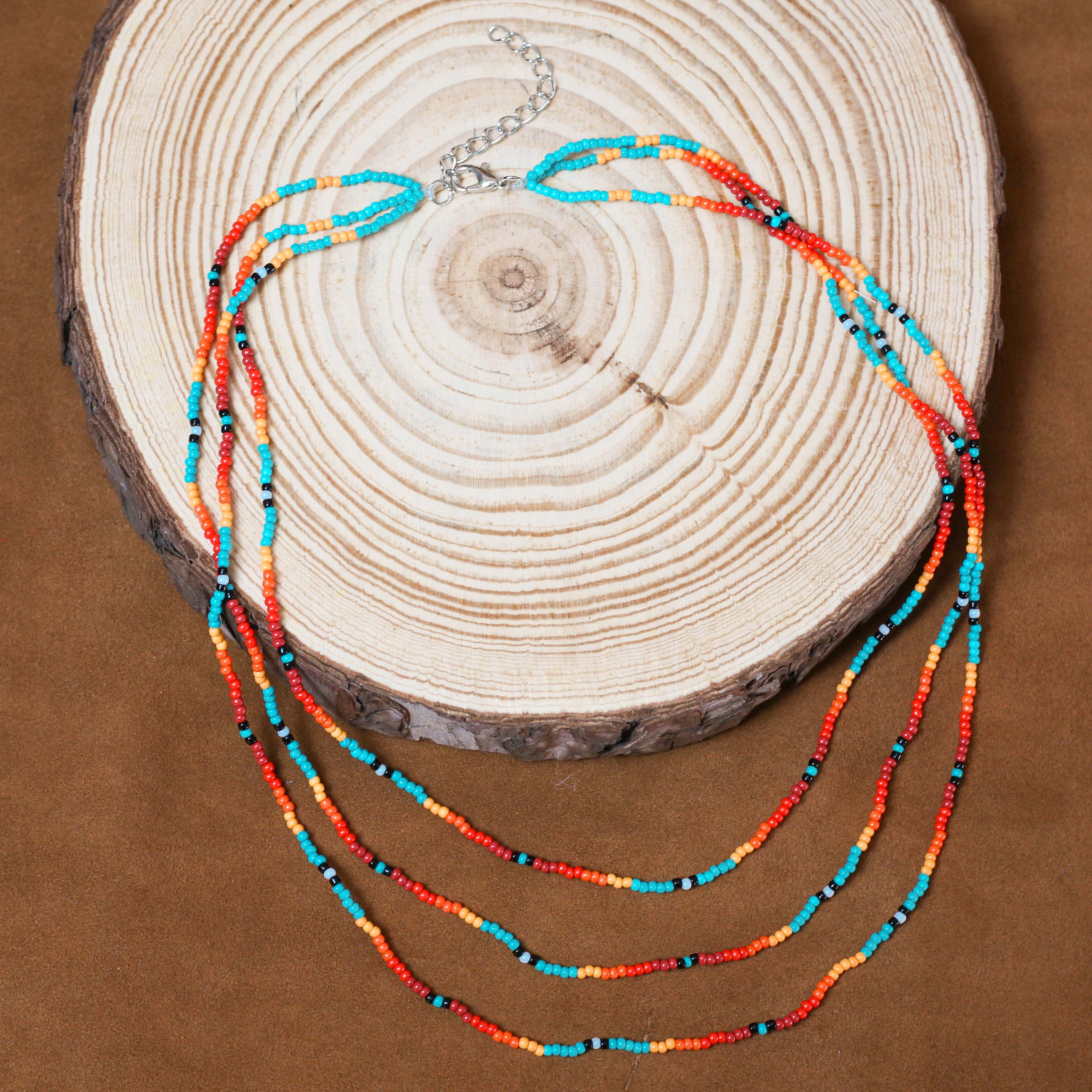 Sunset Glow Beaded Necklace – Multi-Strand with Red, Orange, and Turquoise Beads