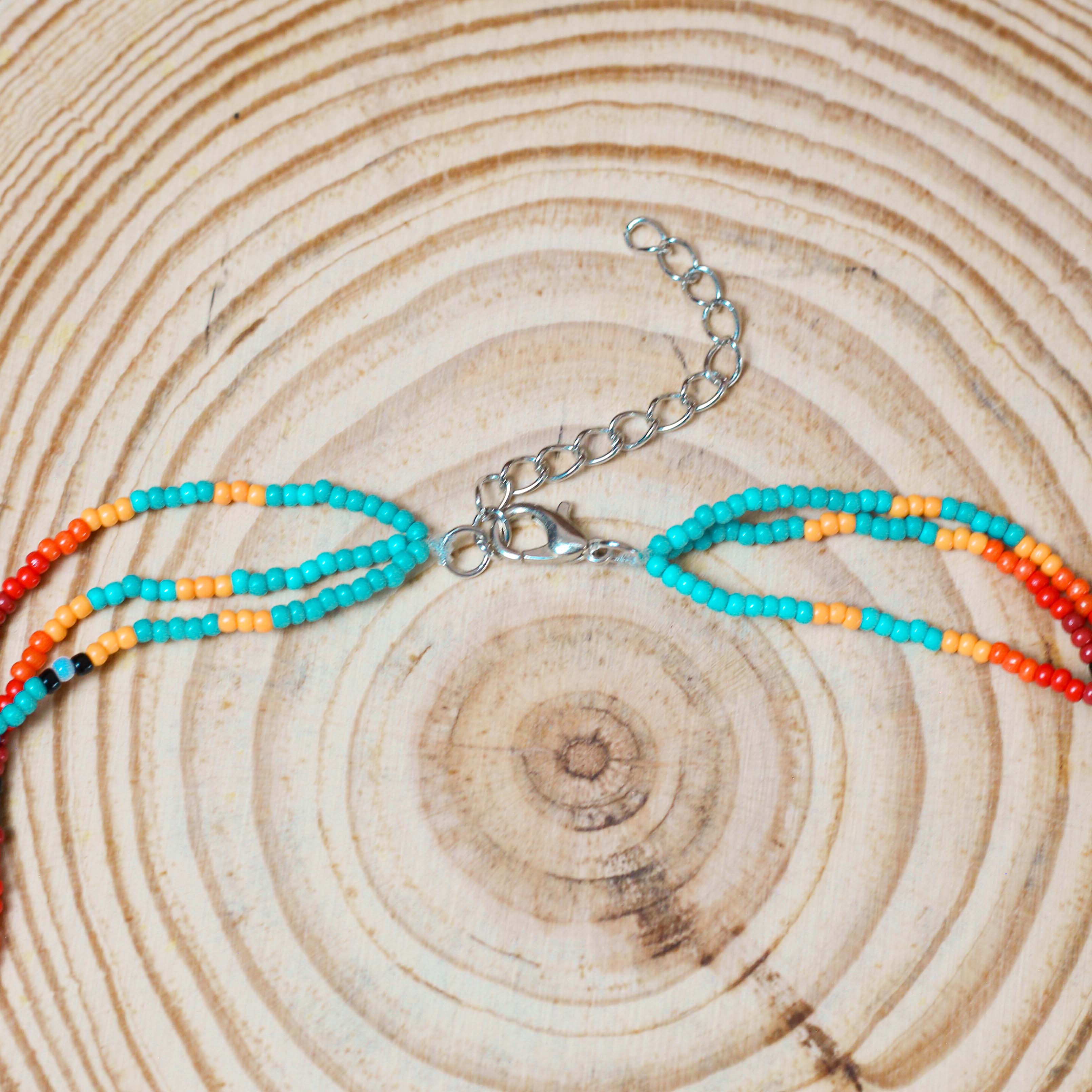Sunset Glow Beaded Necklace And Bracelets Set – Multi-Strand with Red, Orange, and Turquoise Beads