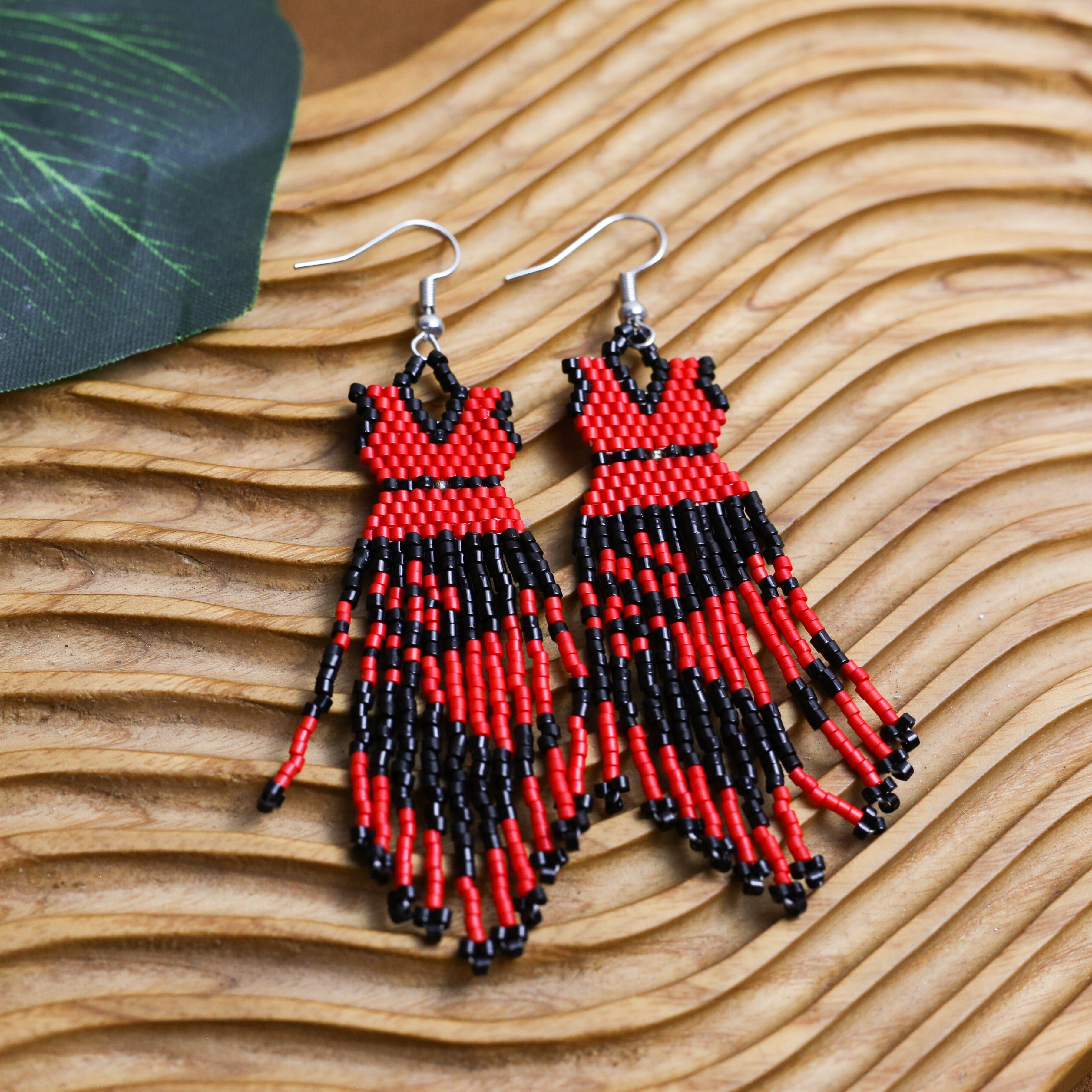SALE 50% OFF - Native American Beaded Dress Earrings - Red and Black