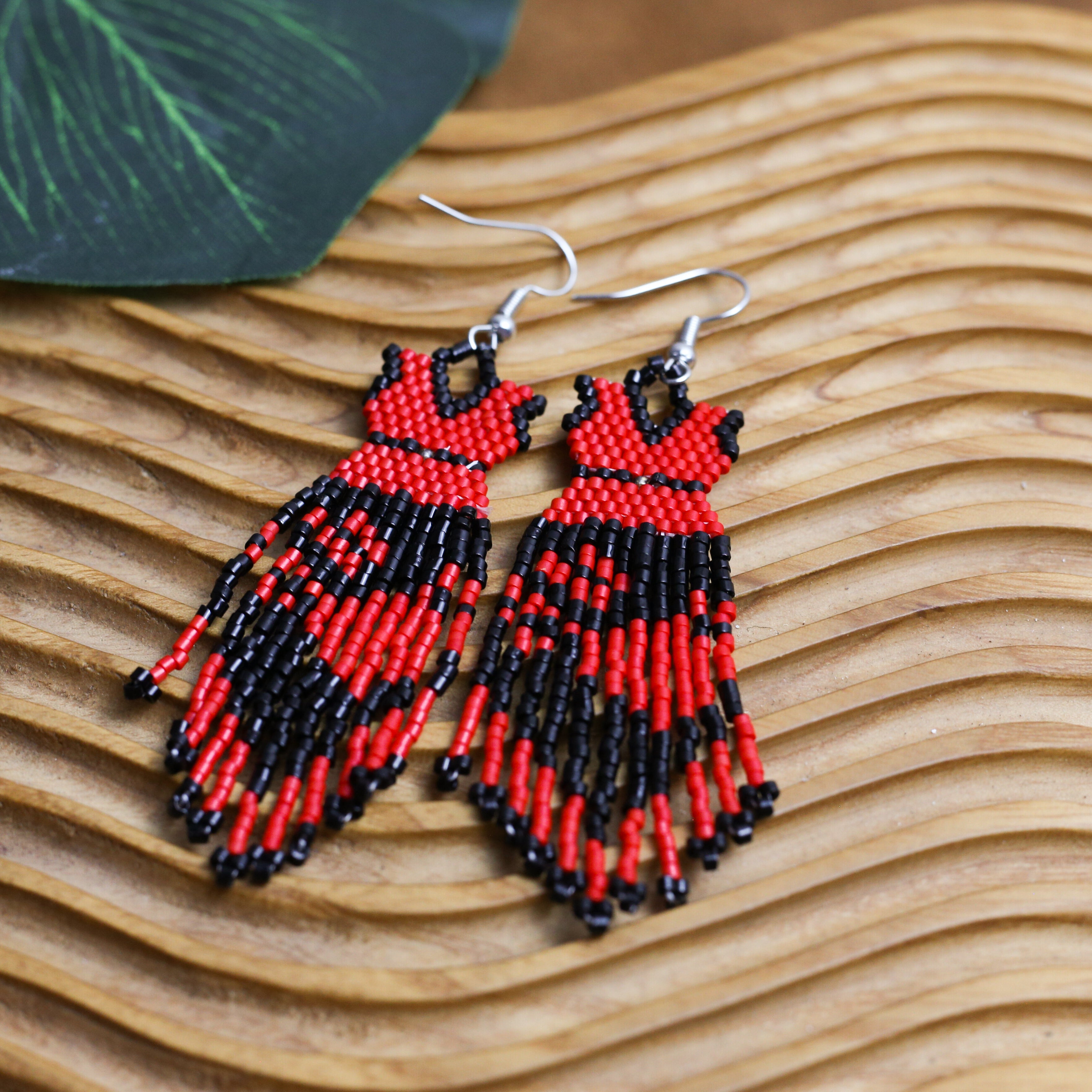 SALE 50% OFF - Native American Beaded Dress Earrings - Red and Black
