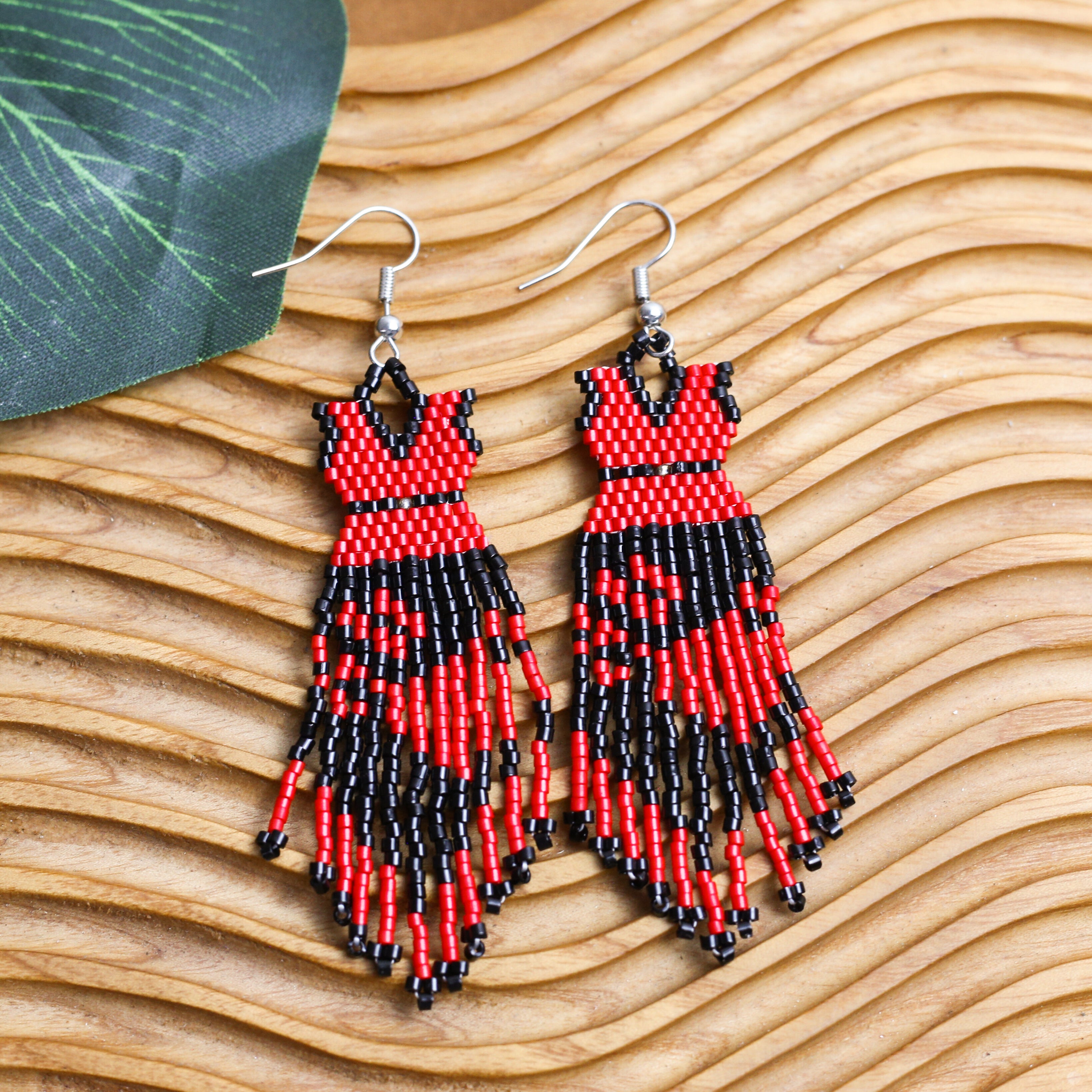 SALE 50% OFF - Native American Beaded Dress Earrings - Red and Black