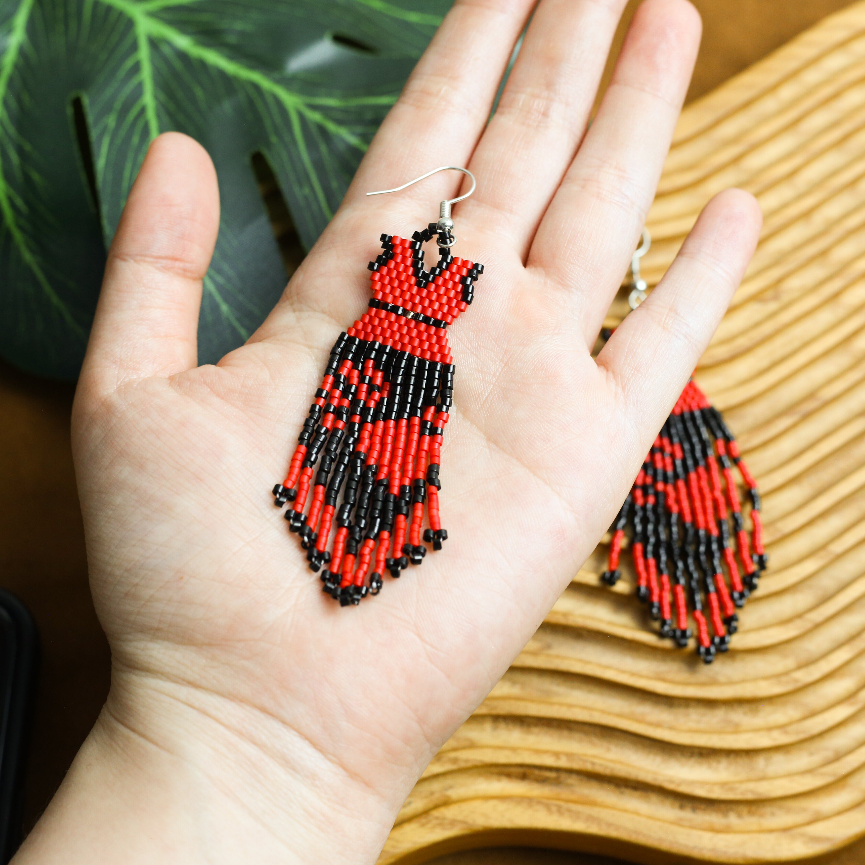 SALE 50% OFF - Native American Beaded Dress Earrings - Red and Black