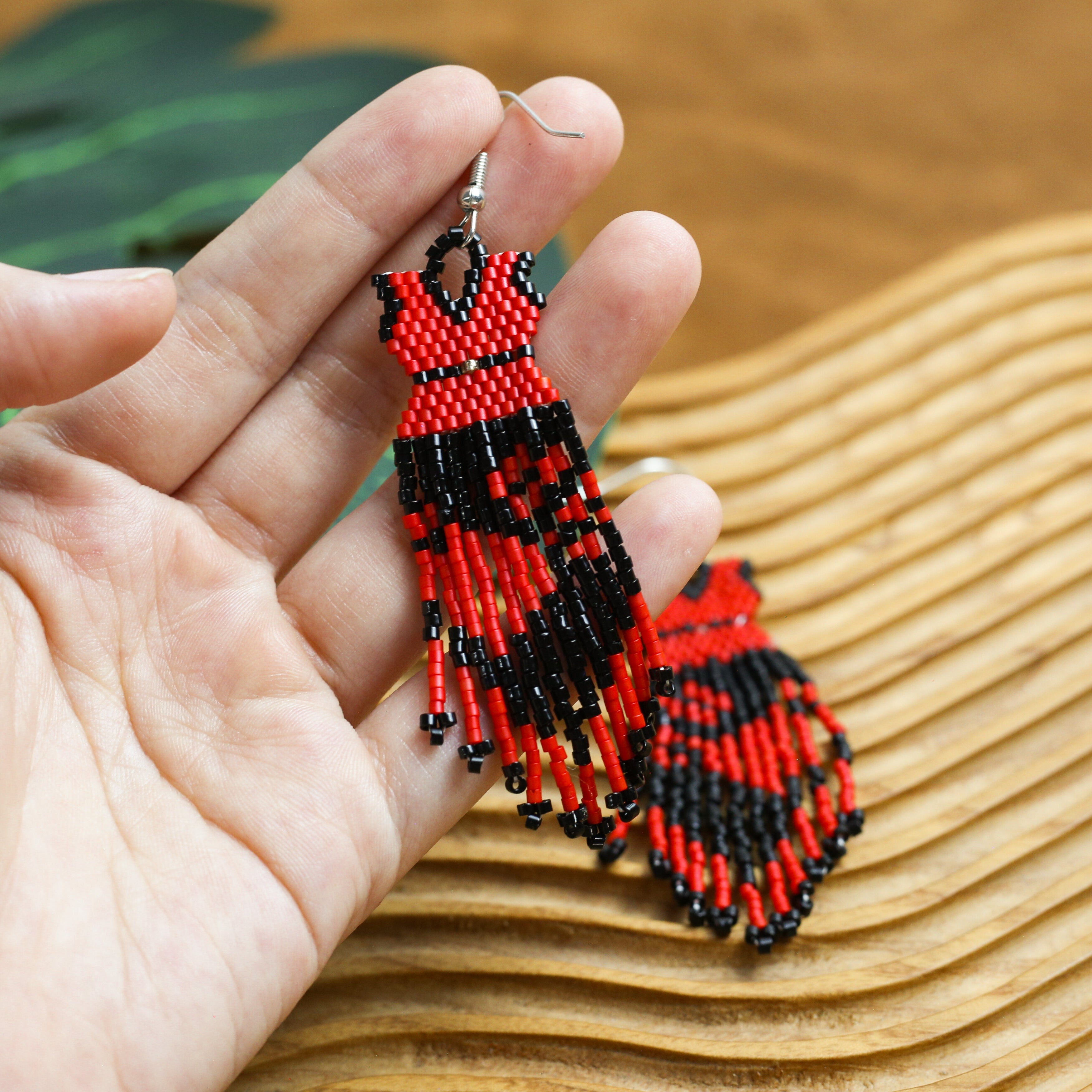 SALE 50% OFF - Native American Beaded Dress Earrings - Red and Black