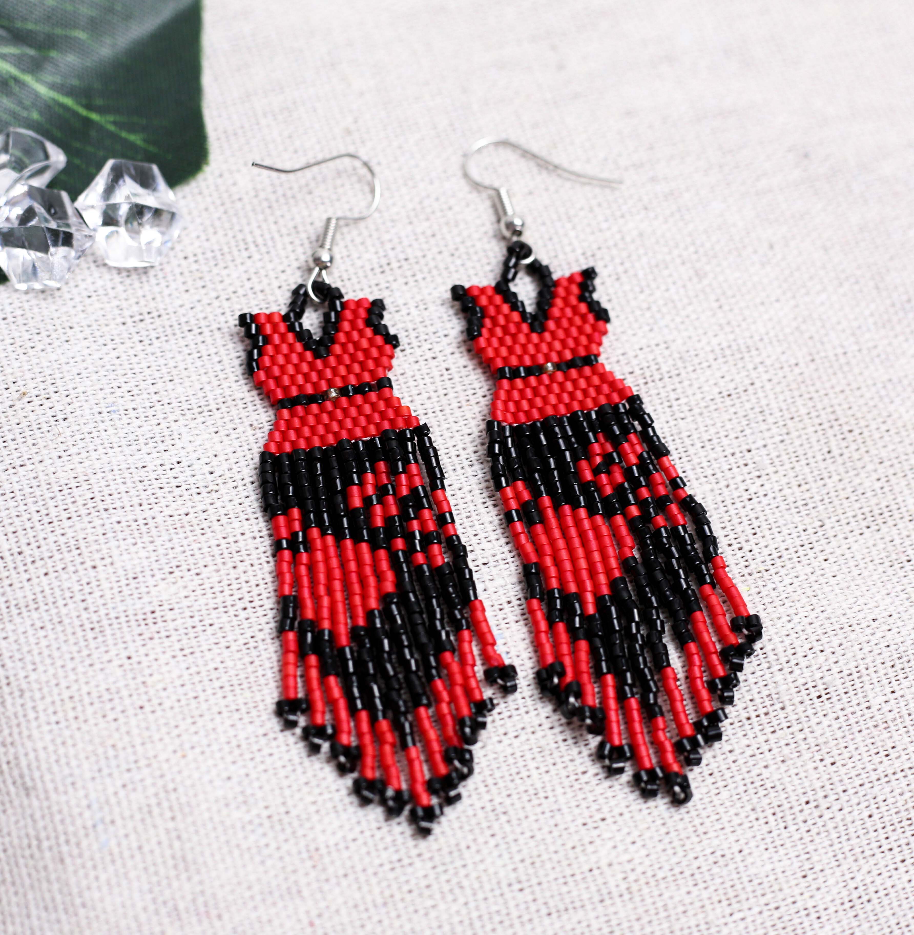 SALE 50% OFF - Native American Beaded Dress Earrings - Red and Black