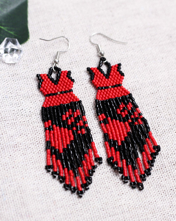 SALE 50% OFF - Native American Beaded Dress Earrings - Red and Black