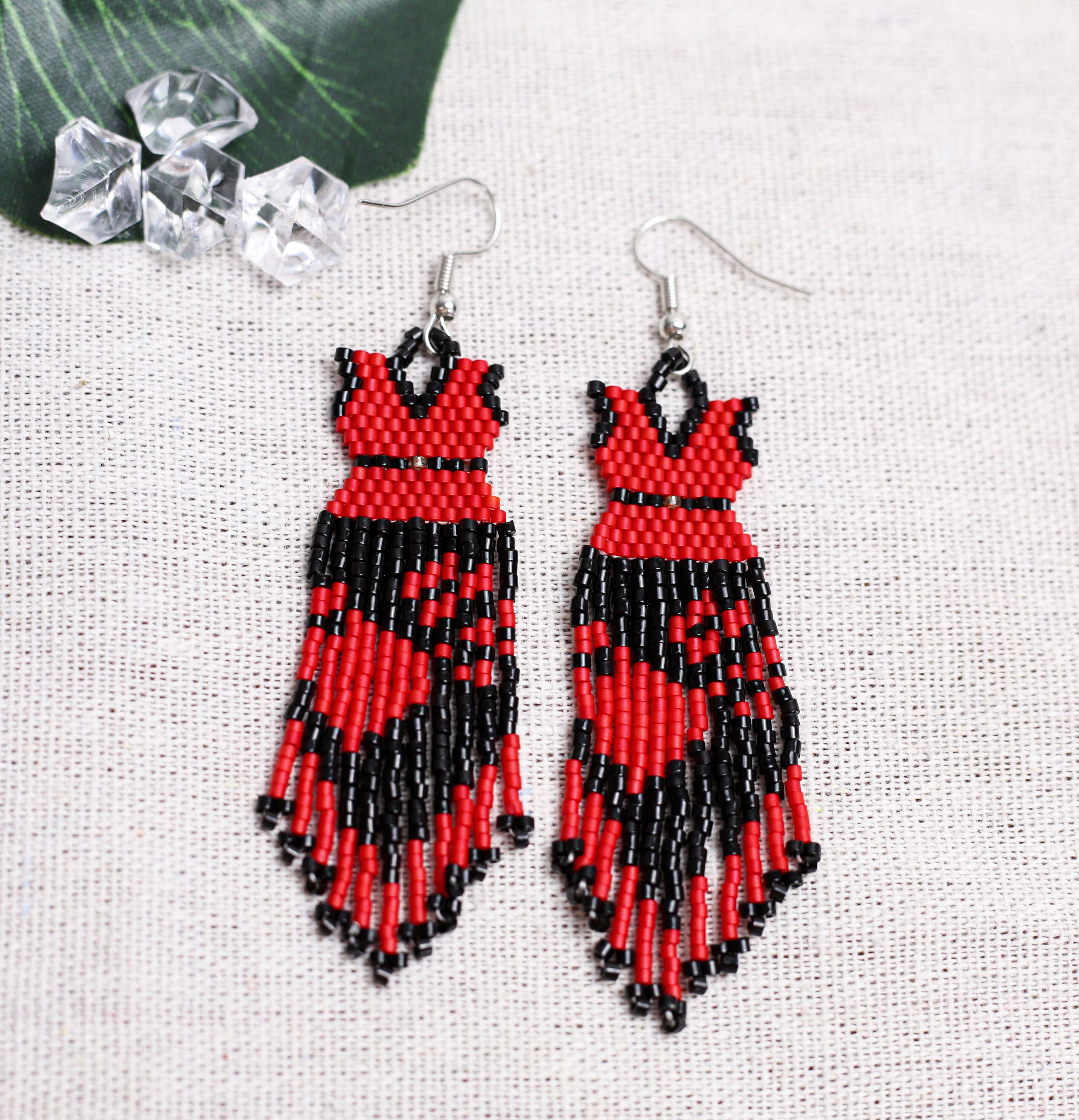 SALE 50% OFF - Native American Beaded Dress Earrings - Red and Black