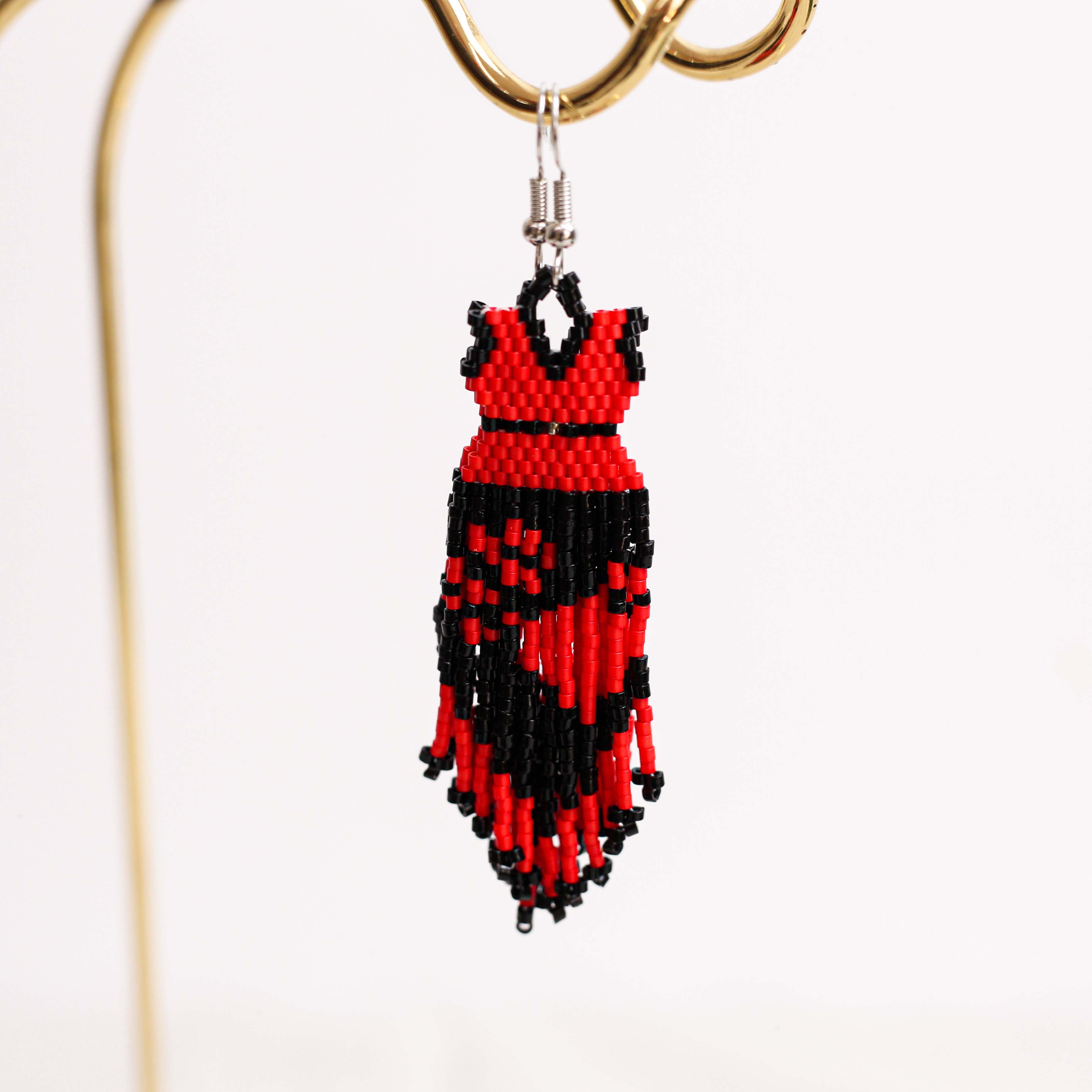 SALE 50% OFF - Native American Beaded Dress Earrings - Red and Black