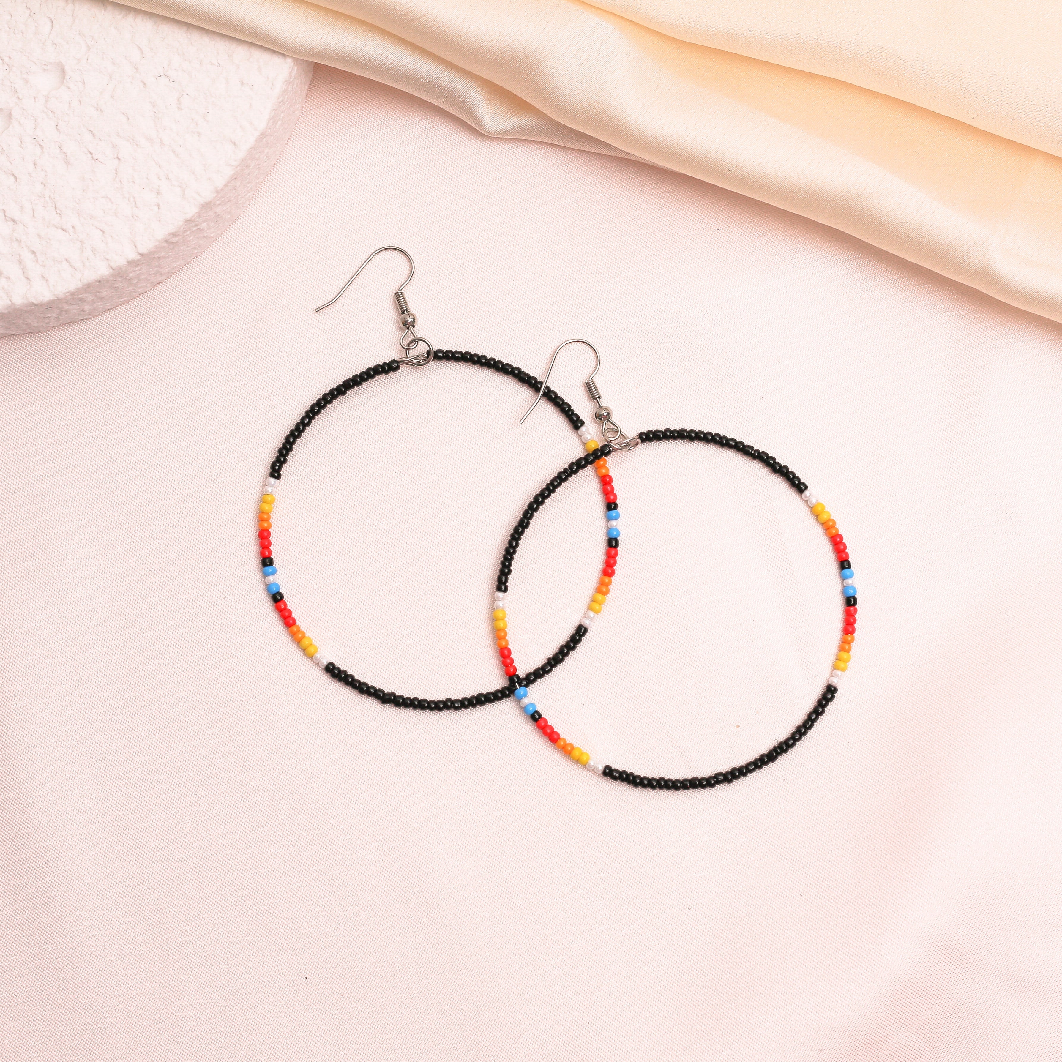 SALE 50% OFF - Black Round Pattern Beaded Handmade Hoop Earrings For Women