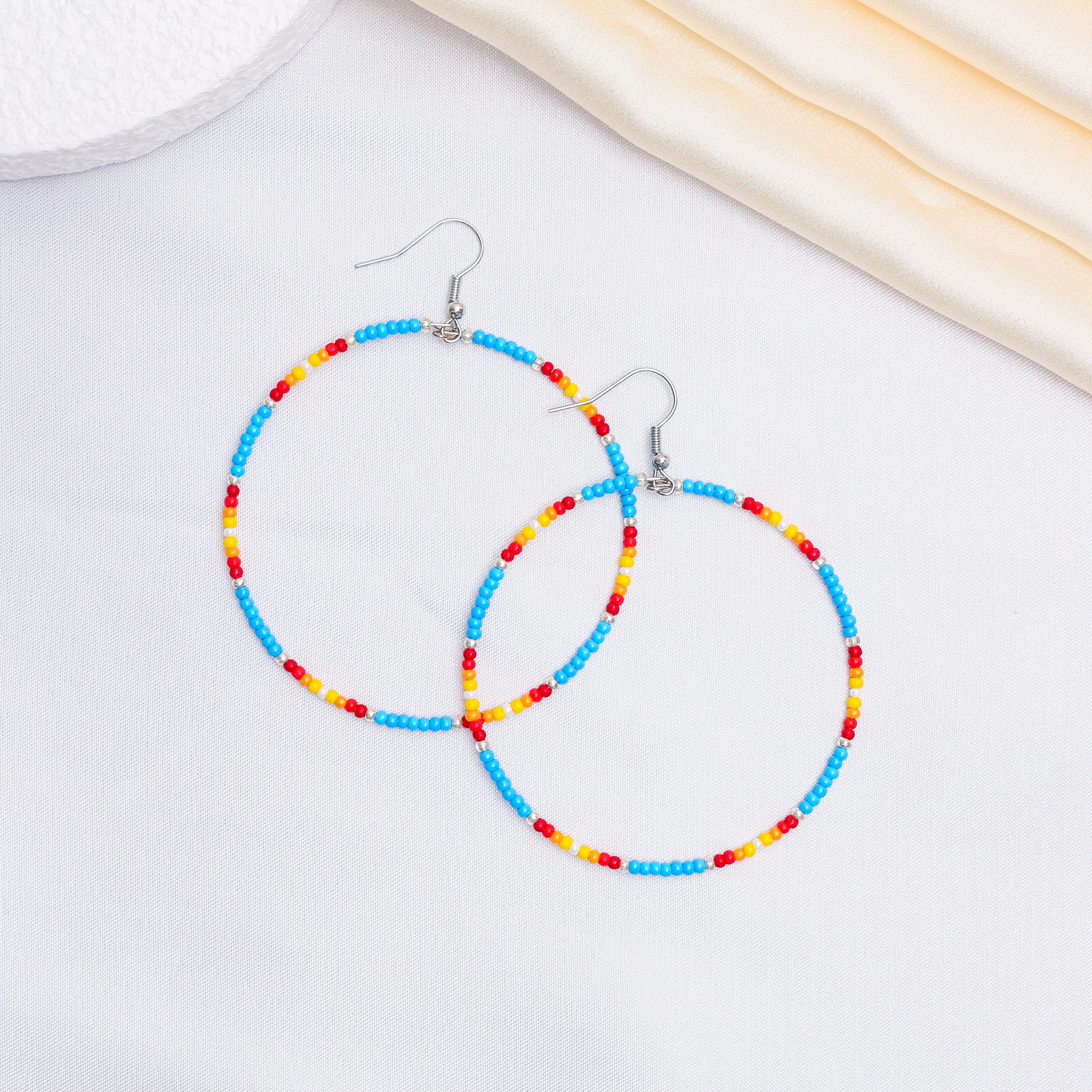 SALE 50% OFF - Blue Round Pattern Beaded Handmade Hoop Earrings For Women