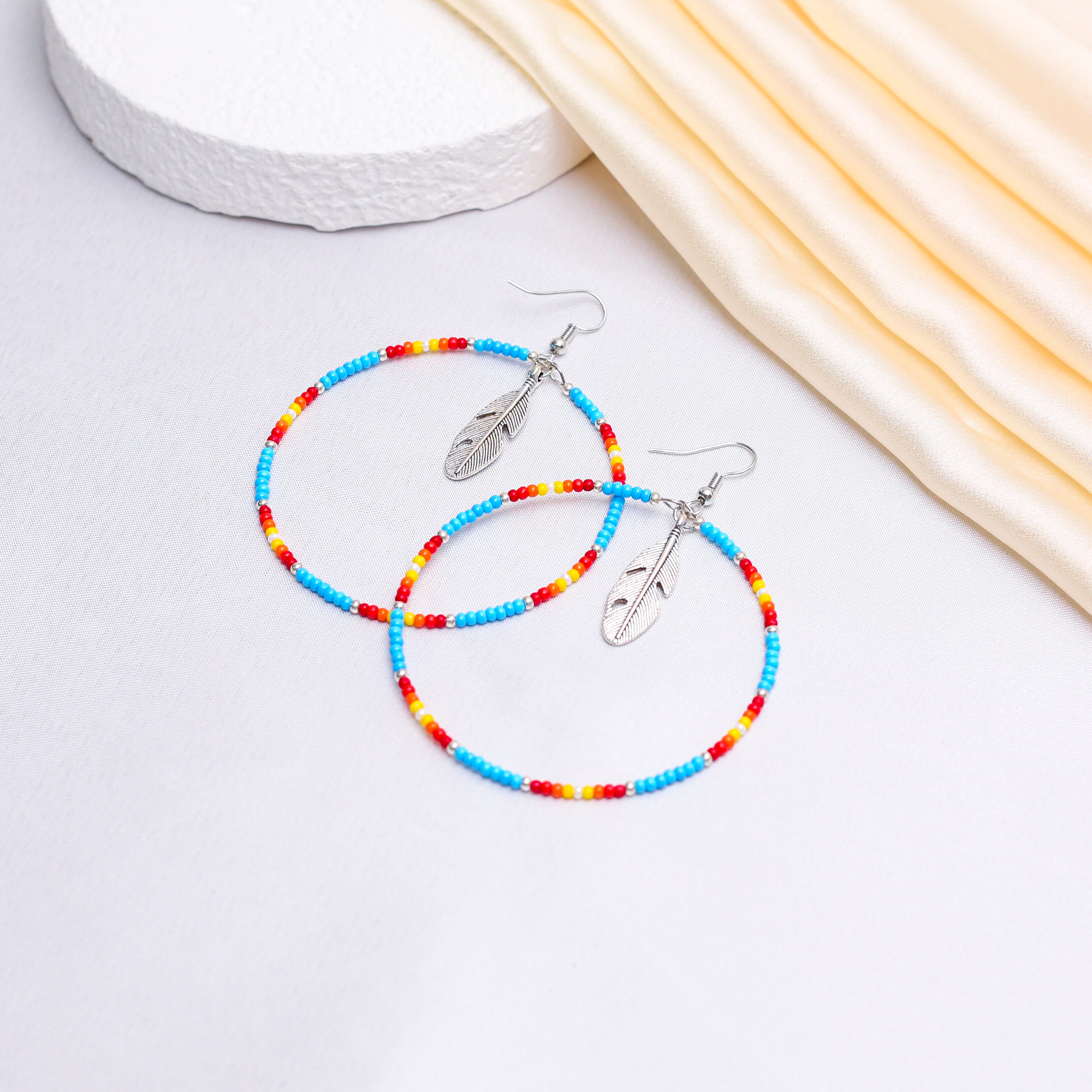 SALE 50% OFF - Blue Round Pattern Beaded Handmade Hoop Earrings For Women