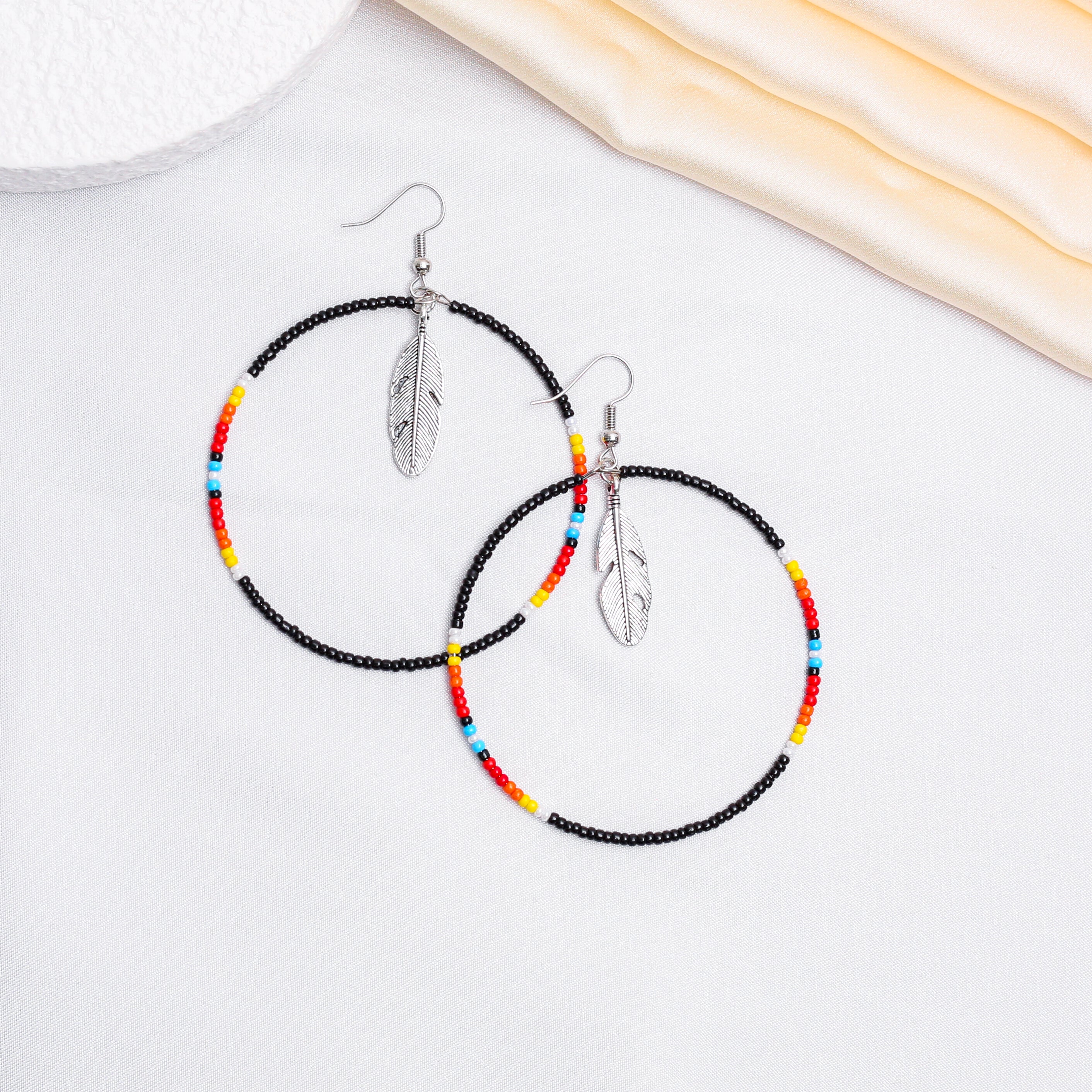 SALE 50% OFF - Black Round Pattern Beaded Handmade Hoop Earrings For Women