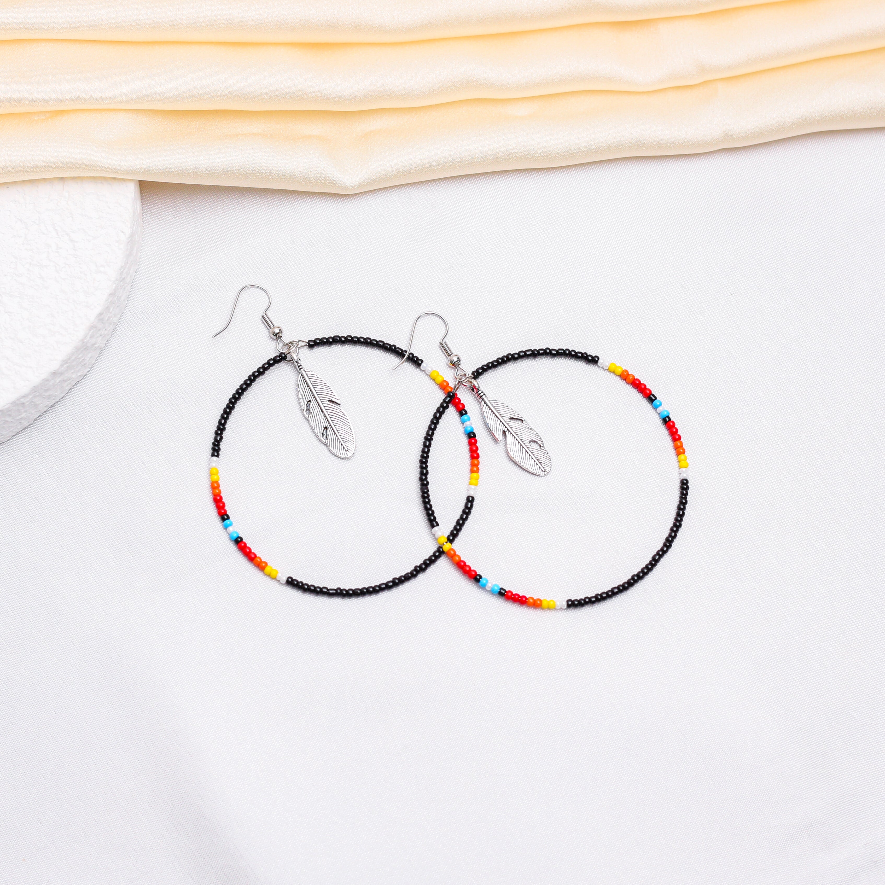 SALE 50% OFF - Black Round Pattern Beaded Handmade Hoop Earrings For Women