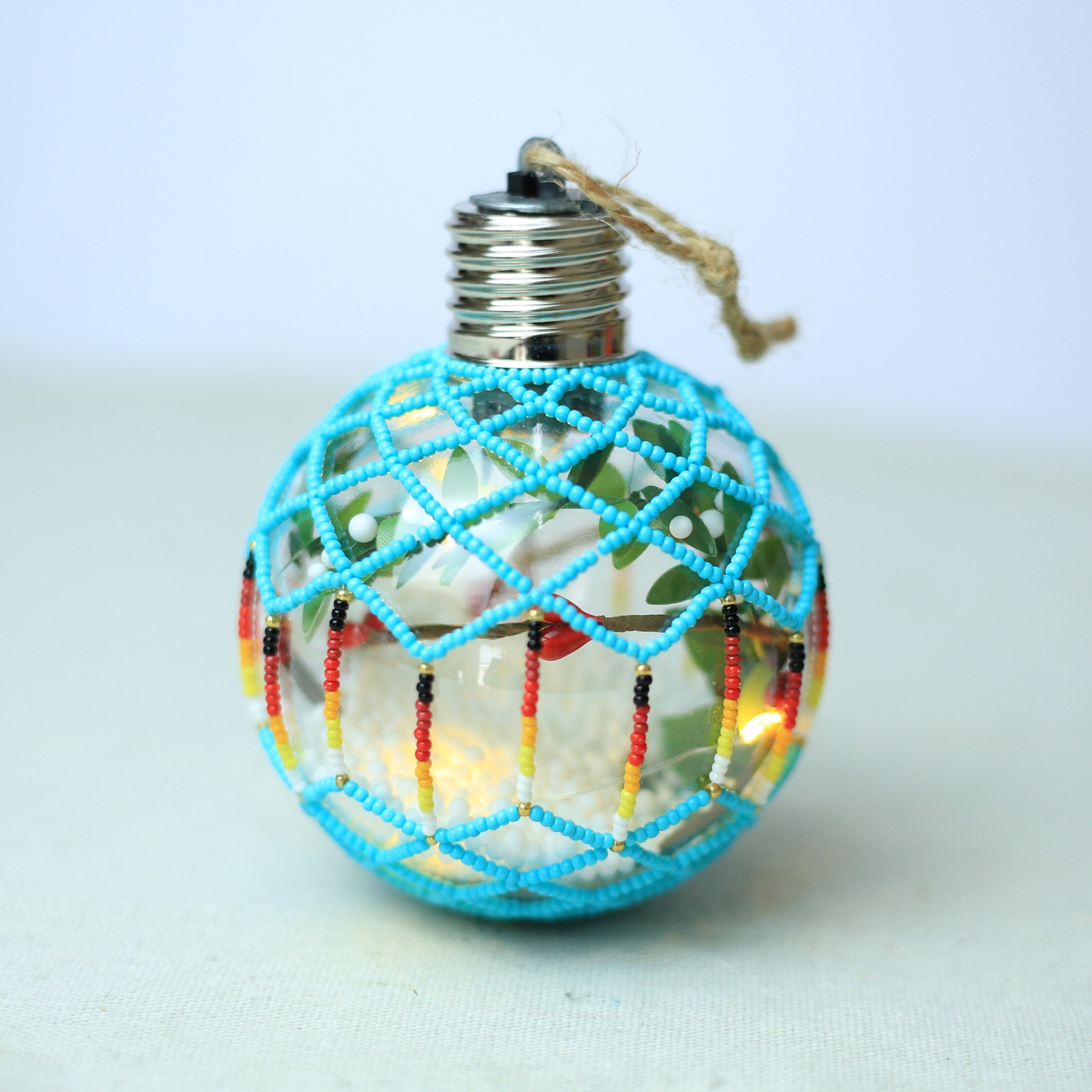 Turquoise Sparkly Handmade Beaded Ornament with Luminous Lights Premium