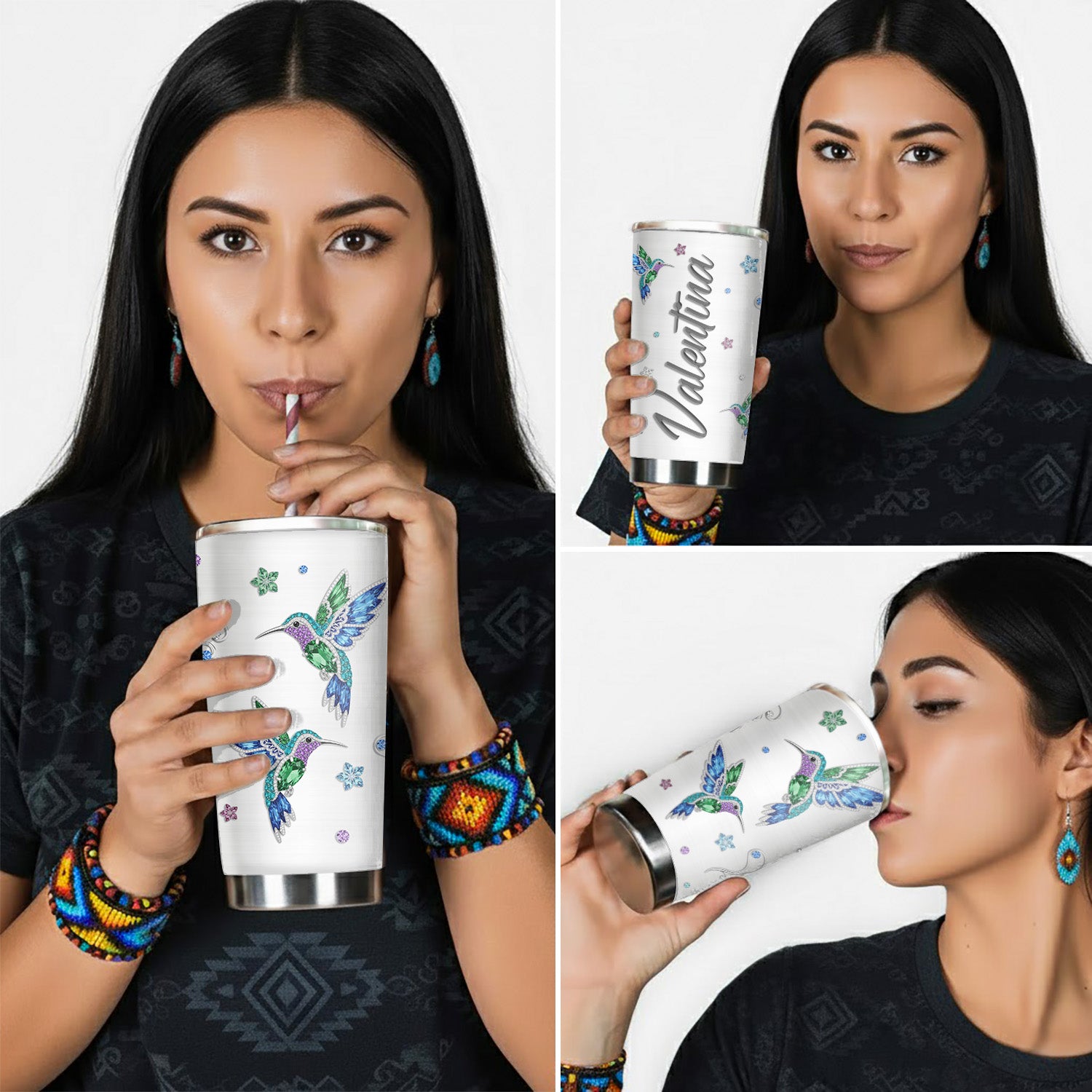 Crystal Hummingbird Tumbler Stainless Steel Drinking Cup (Custom Name)