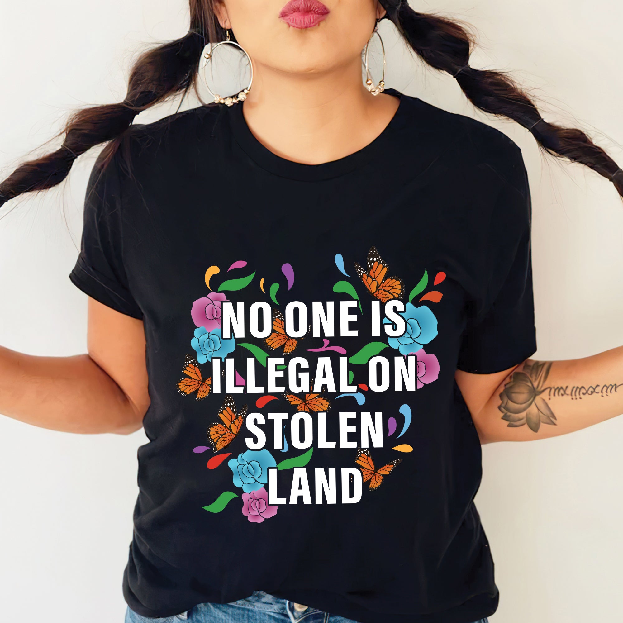 No One Is Illegal On Stolen Land Colorful Butterfly and Floral Design Unisex T-shirt/V-neck T-shirt/Hoodie/Sweatshirt