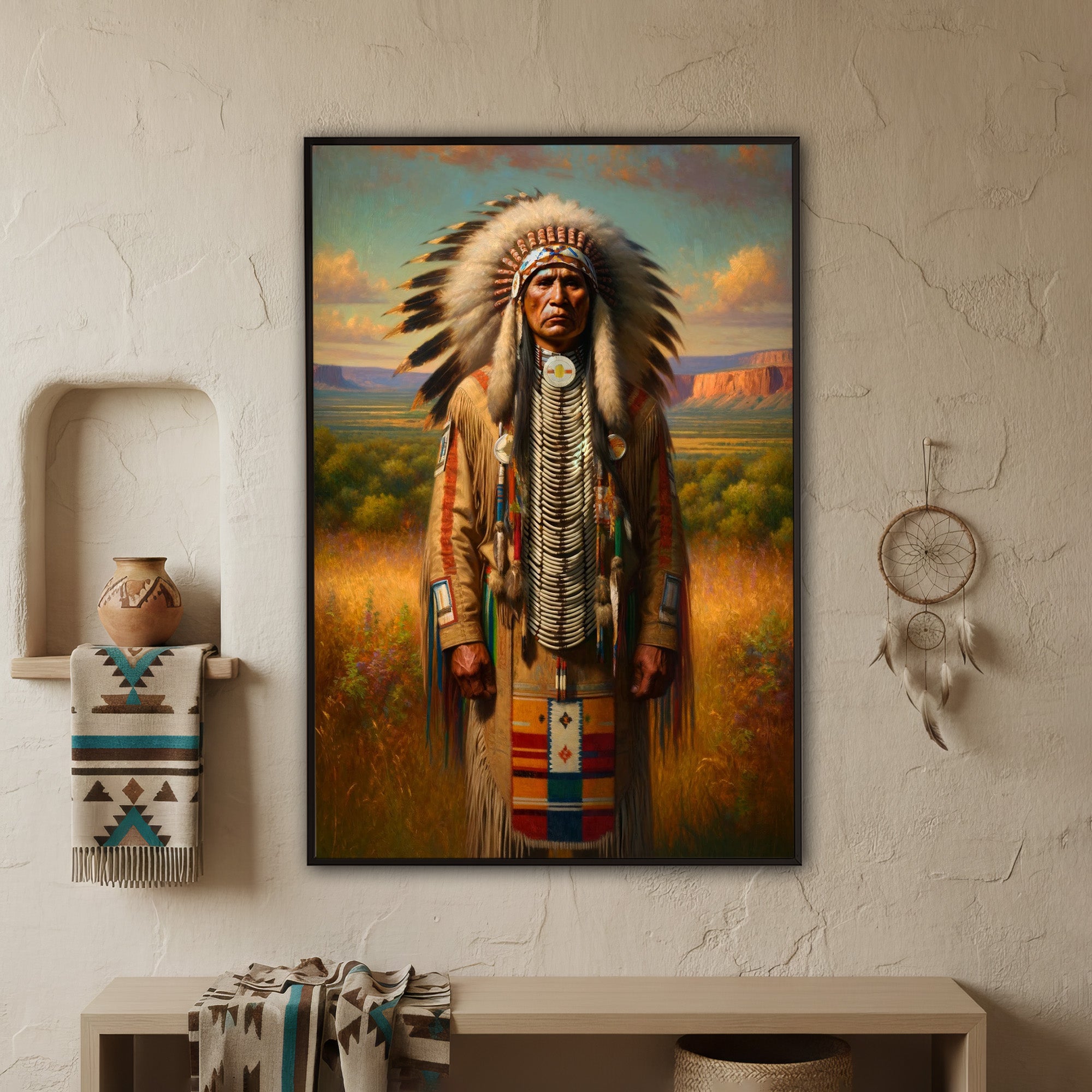 Custom Native American Chief Standing Portrait Photo Canvas Art Gift Home Decor