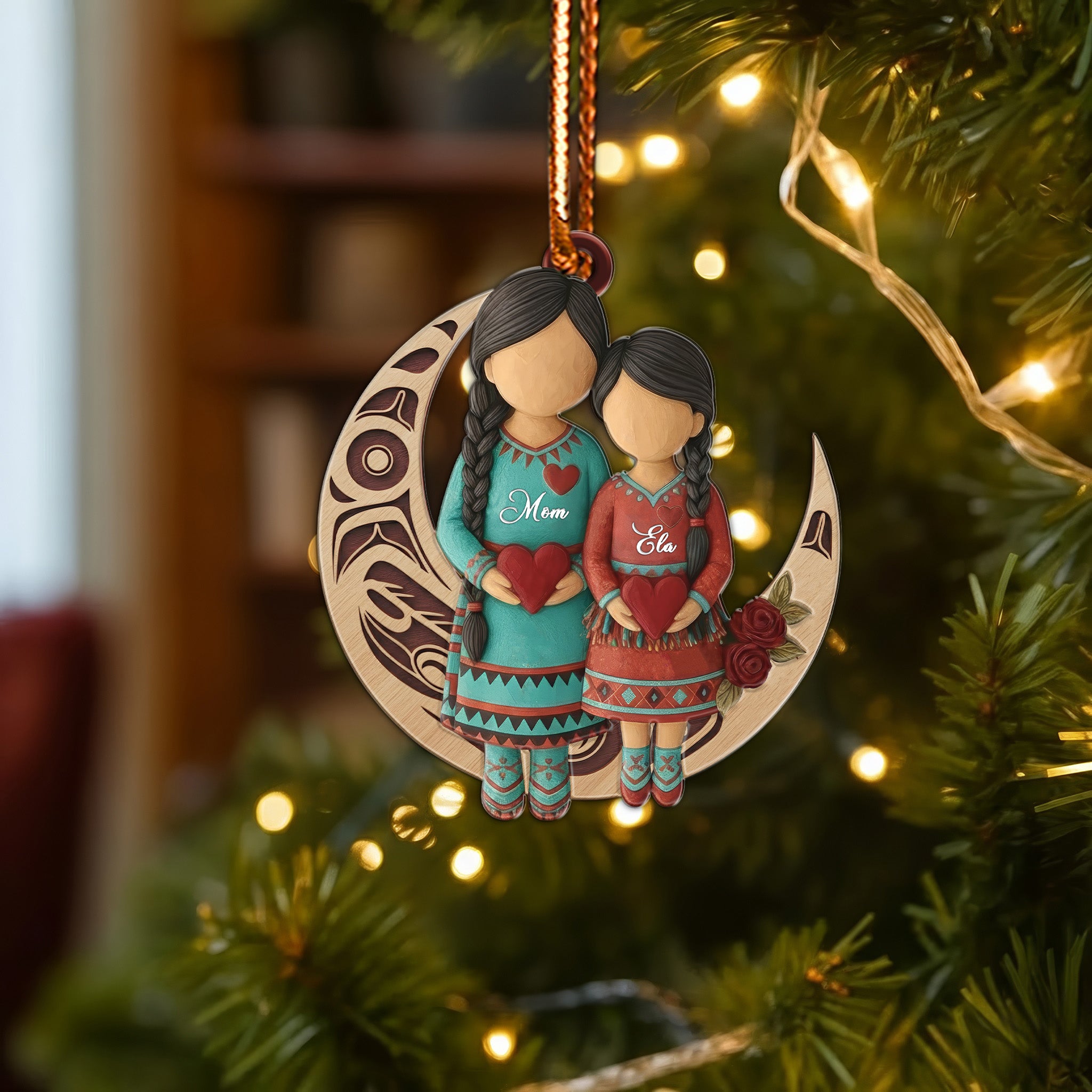 Native Mother & Daughter Moon Ornament Unique Christmas Gift Decor Flat Acrylic (Custom Name)