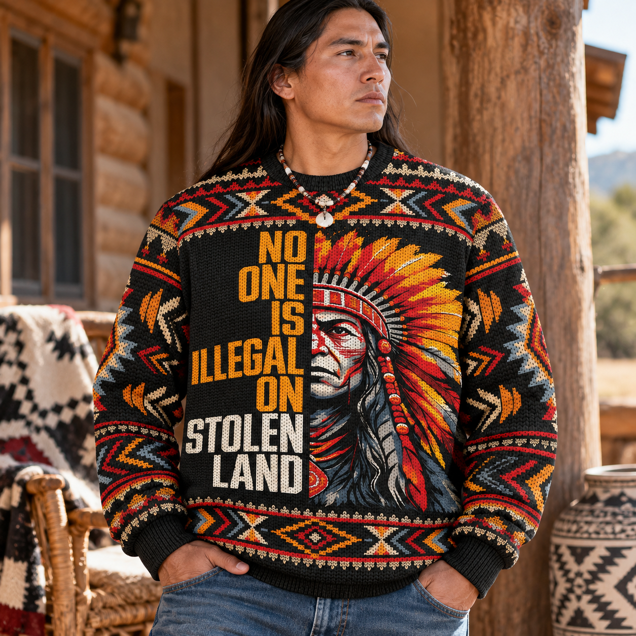 No One Is Illegal On Stolen Land Ugly Sweatshirt - Native American Ugly Sweatshirt Unisex