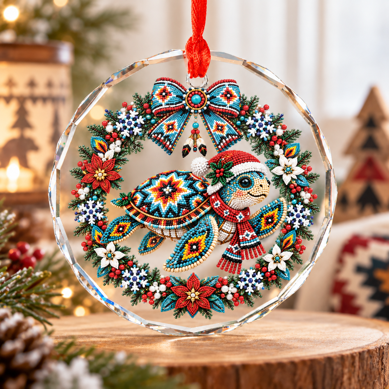 Native Beaded Turtle Santa Glass Ornament – Indigenous Art Decor