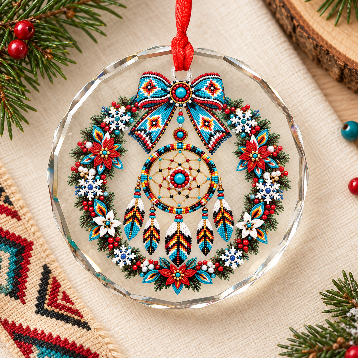 Native Beaded Dreamcatcher Wreath Glass Ornament – Indigenous Art Decor