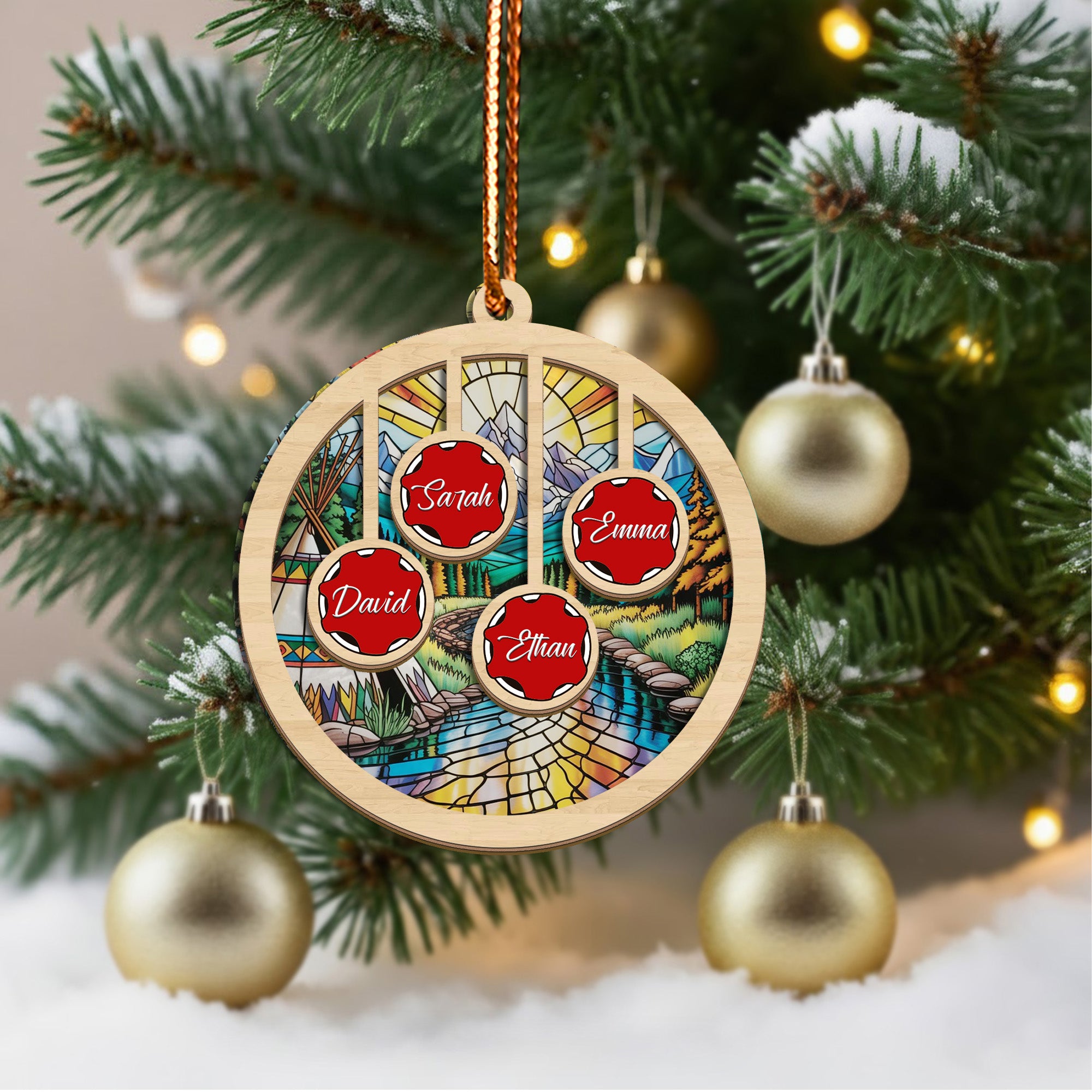 Native Teepee and Nature Family Ornament Unique Christmas Gift Decor Wood and Acrylic (Custom Name)