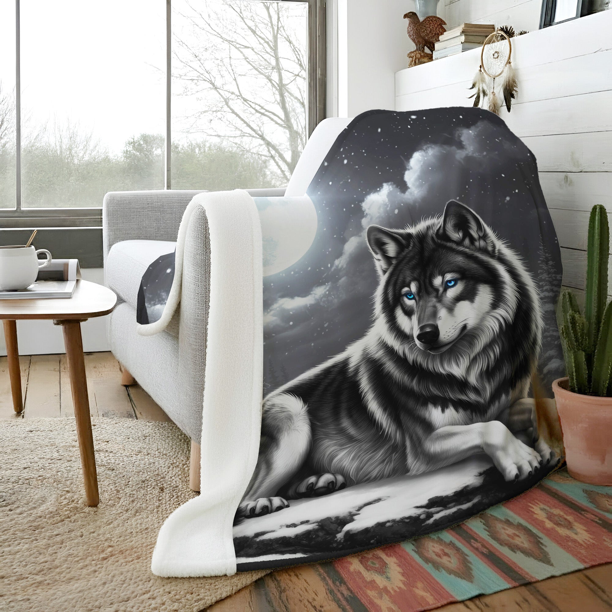 Sacred Wolf Under the Moon Native American Cozy Fleece Blanket
