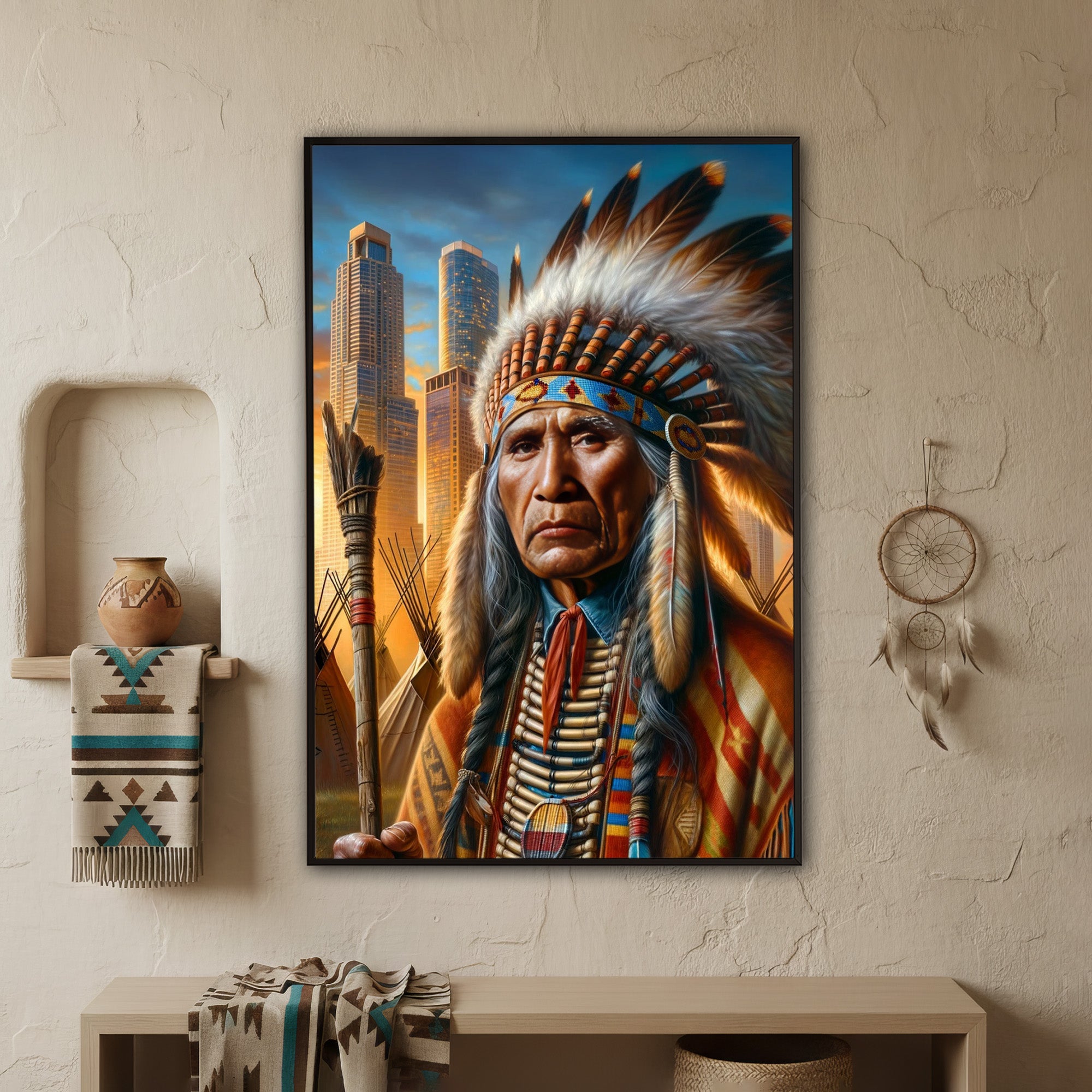Custom Native American Chief Portrait Photo Canvas Art Gift Home Decor
