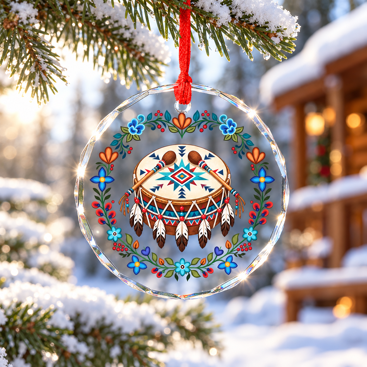 Native Floral Tribal Powwow Drum Glass Ornament – Indigenous Art Decor