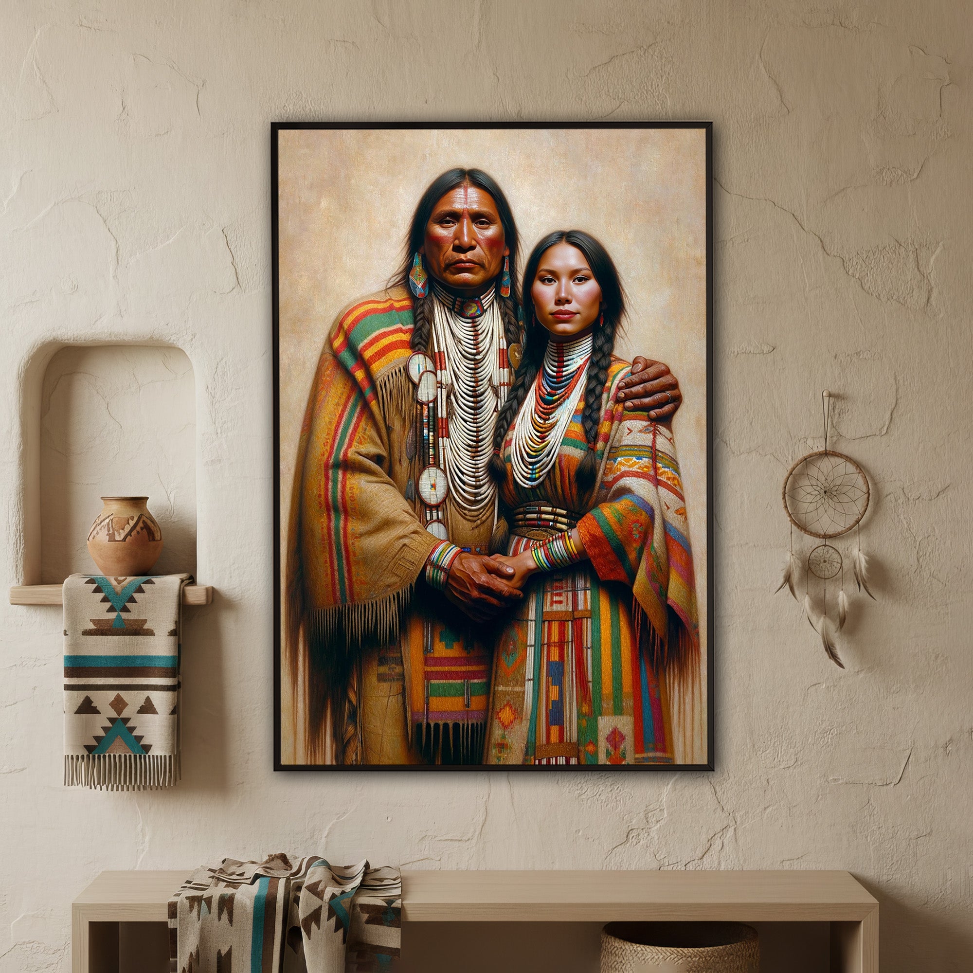 Custom Native American Couple Standing Photo Canvas Art Gift Home Decor