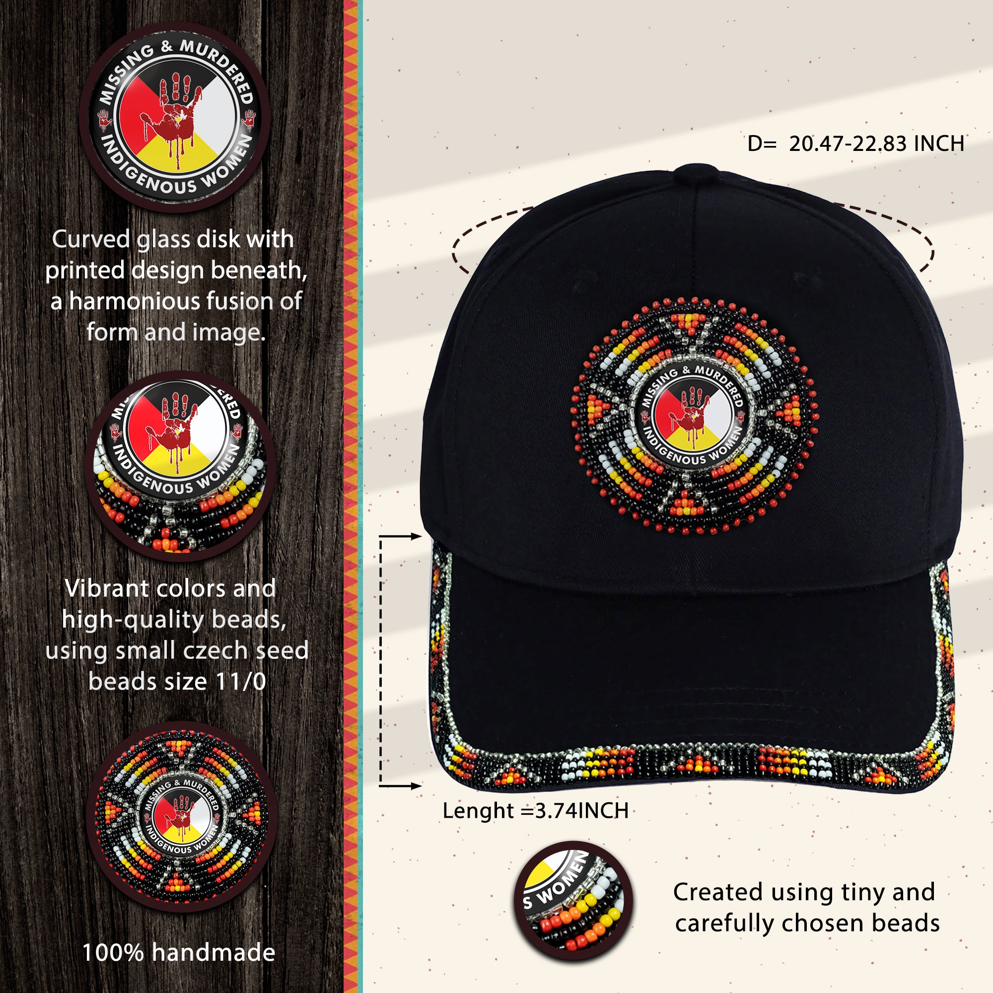 SALE 50% OFF - MMIW Cotton Unisex Baseball Cap With Beaded Patch Brim Native American Style