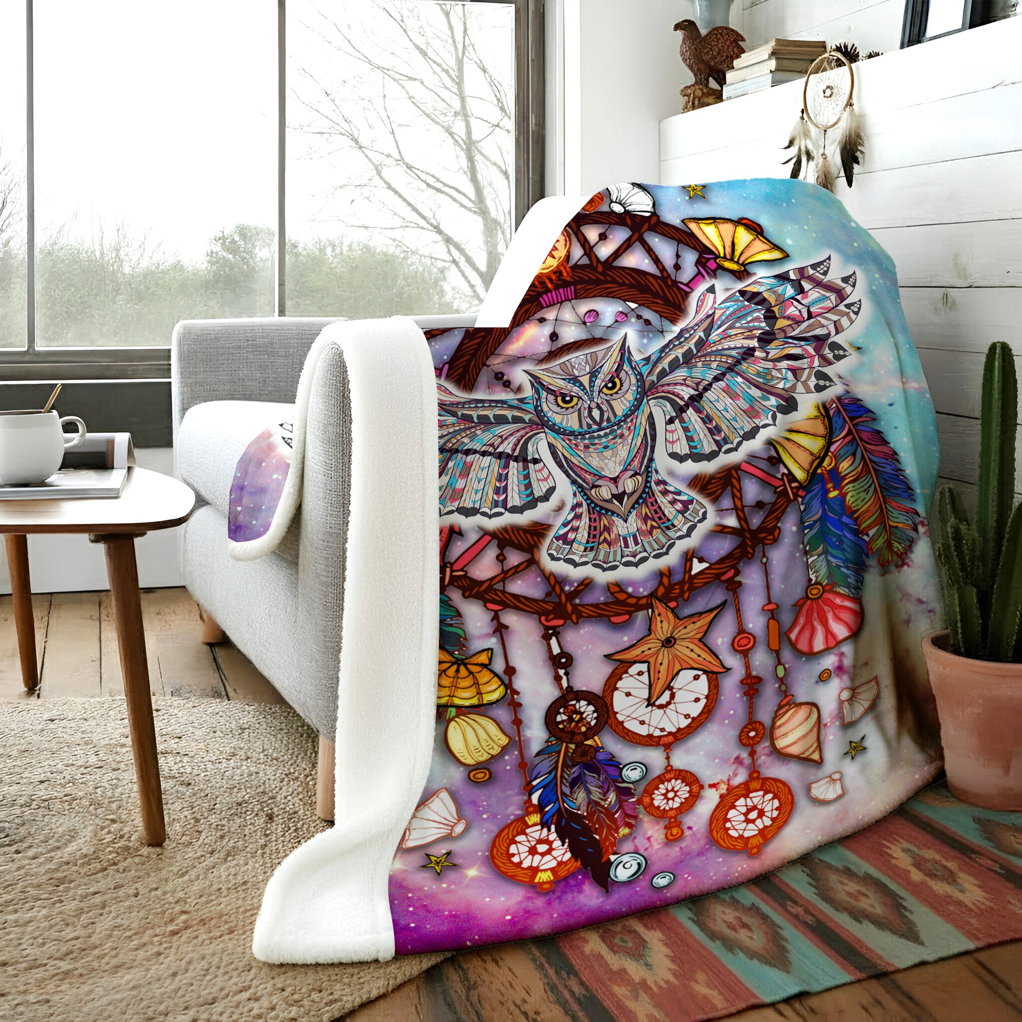 Native Owl Dreamcatcher Soft And Warm Fleece Blanket Native Premium American Style