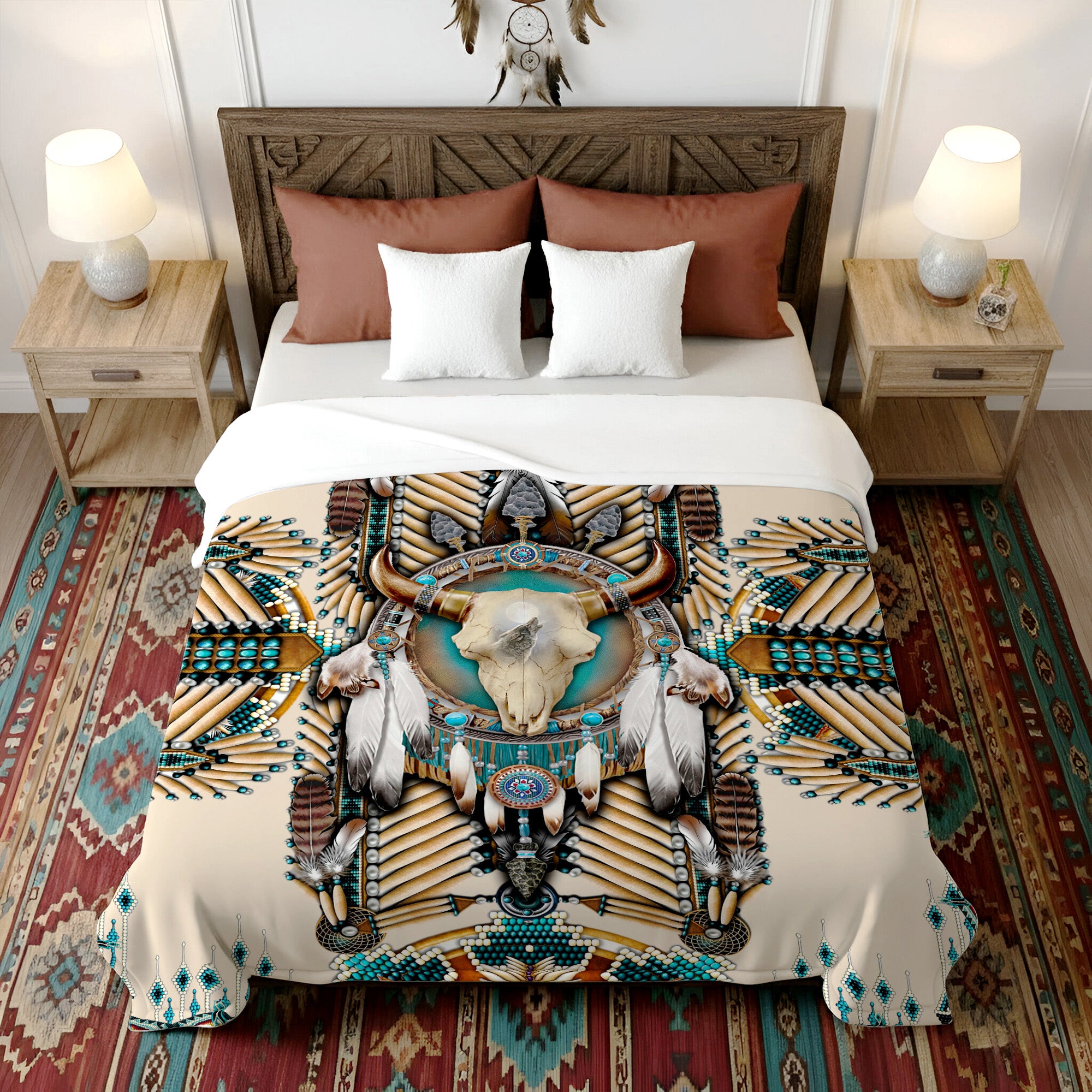 Native American Buffalo Head Motifs Premium Fleece Blanket, Turiquoise Native Indian Pattern Feather Fleece Blanket