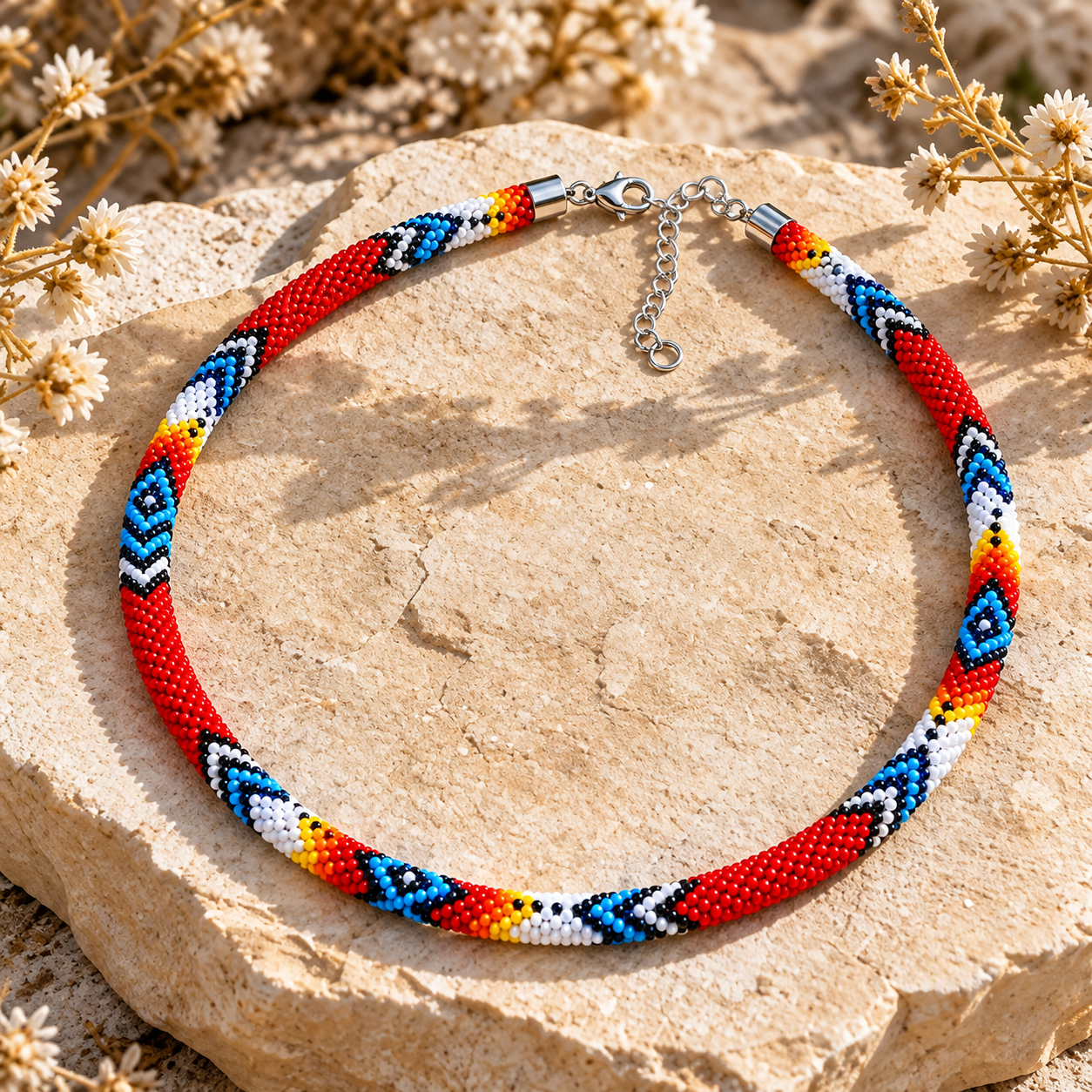 Red Blue Beaded Long Necklace Handmade Native American Style for Women