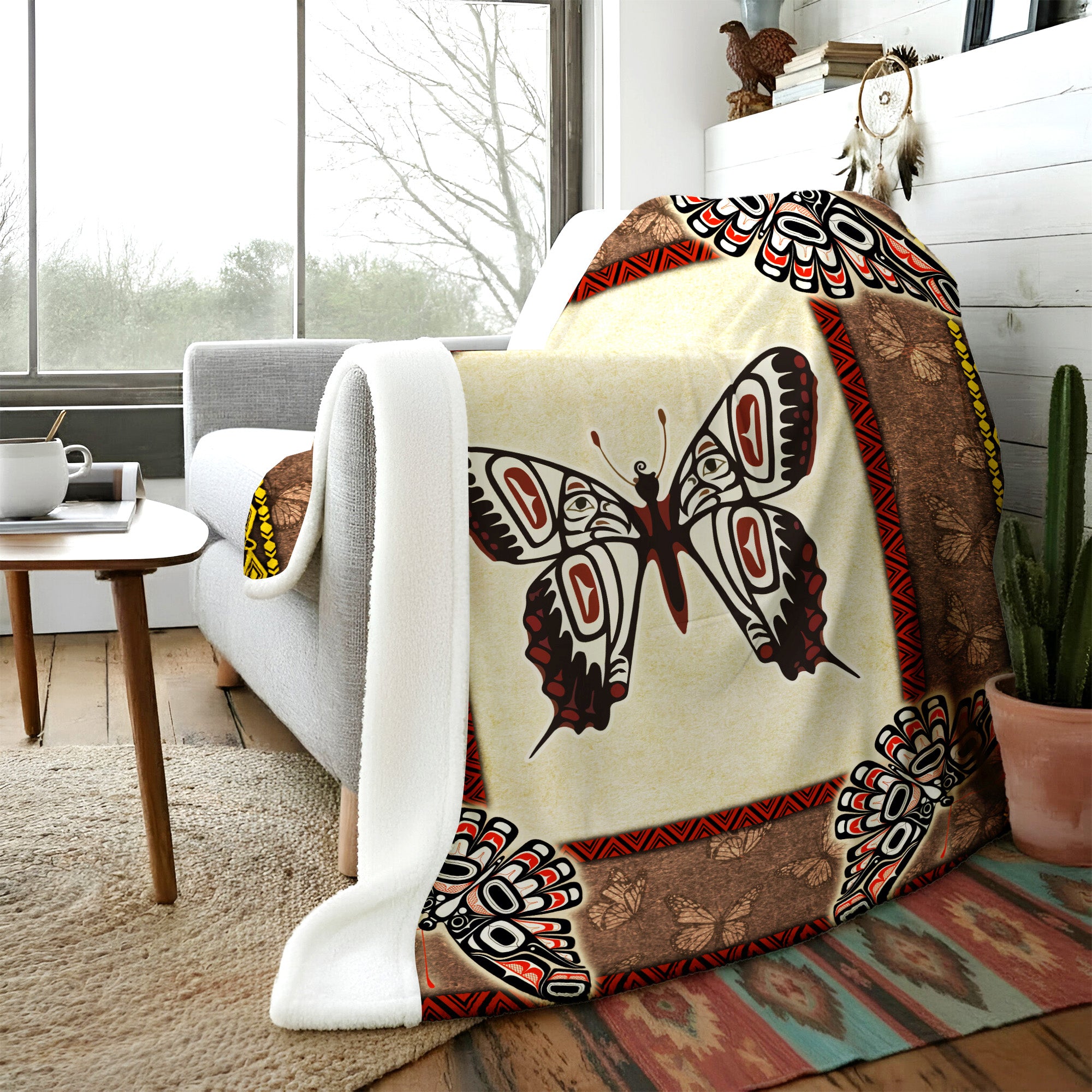 Native American Style Butterfly Symbols Soft and Warm Premium Fleece Blanket