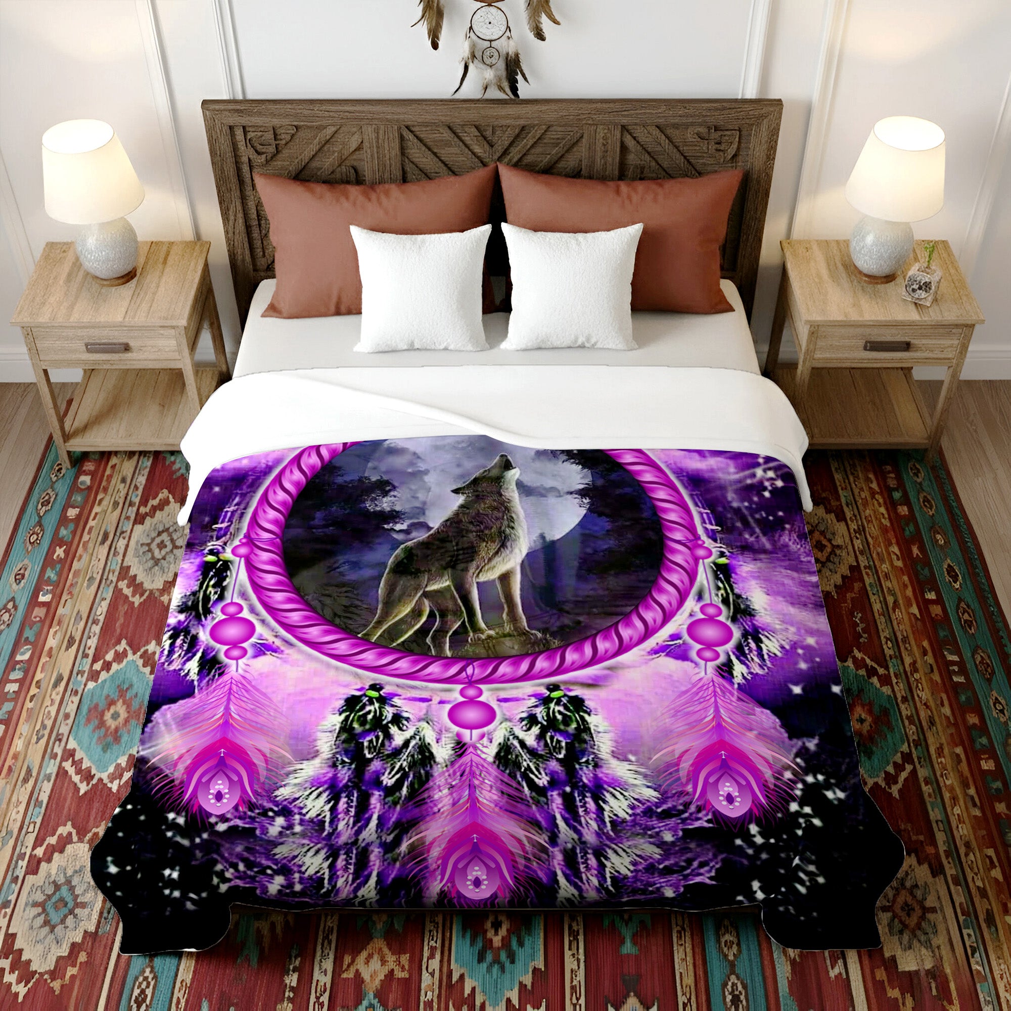 Native American Style Purple Wolf Dream Soft And Warm Premium Fleece Blanket