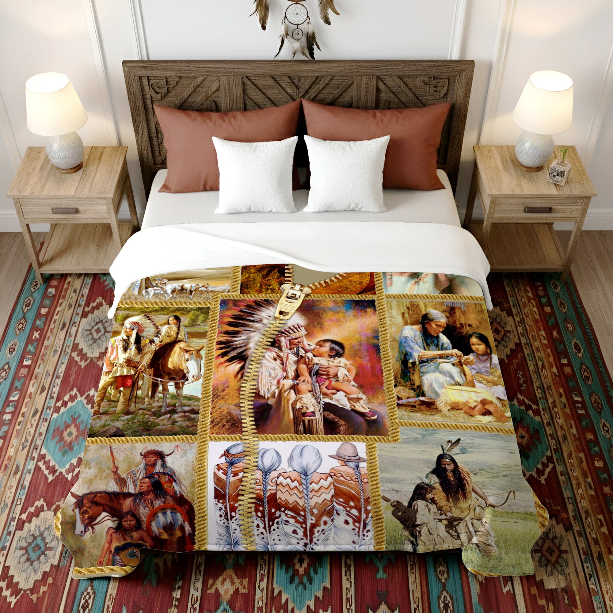Native American Style Indigenous Family Soft and Warm Premium Fleece Blanket