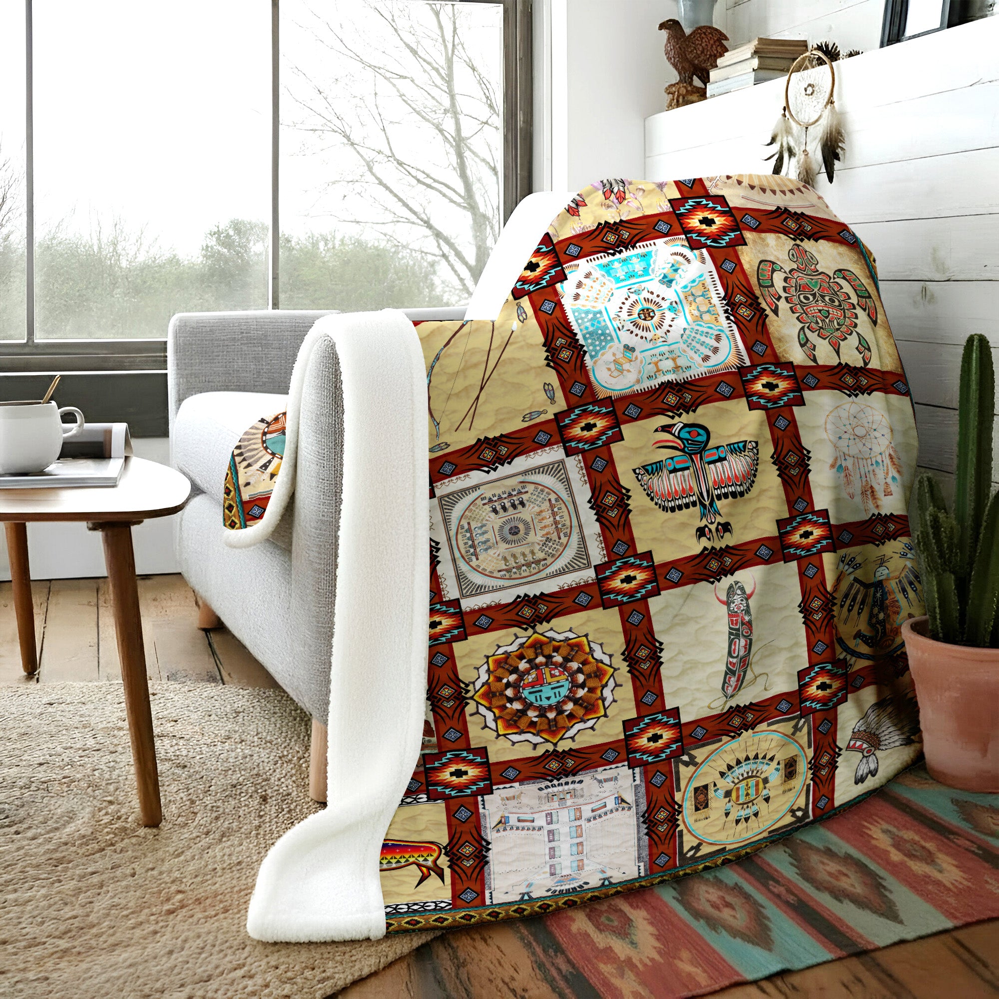 Native American Style Indigenous Cultural Symbols Soft And Warm Premium Fleece Blanket
