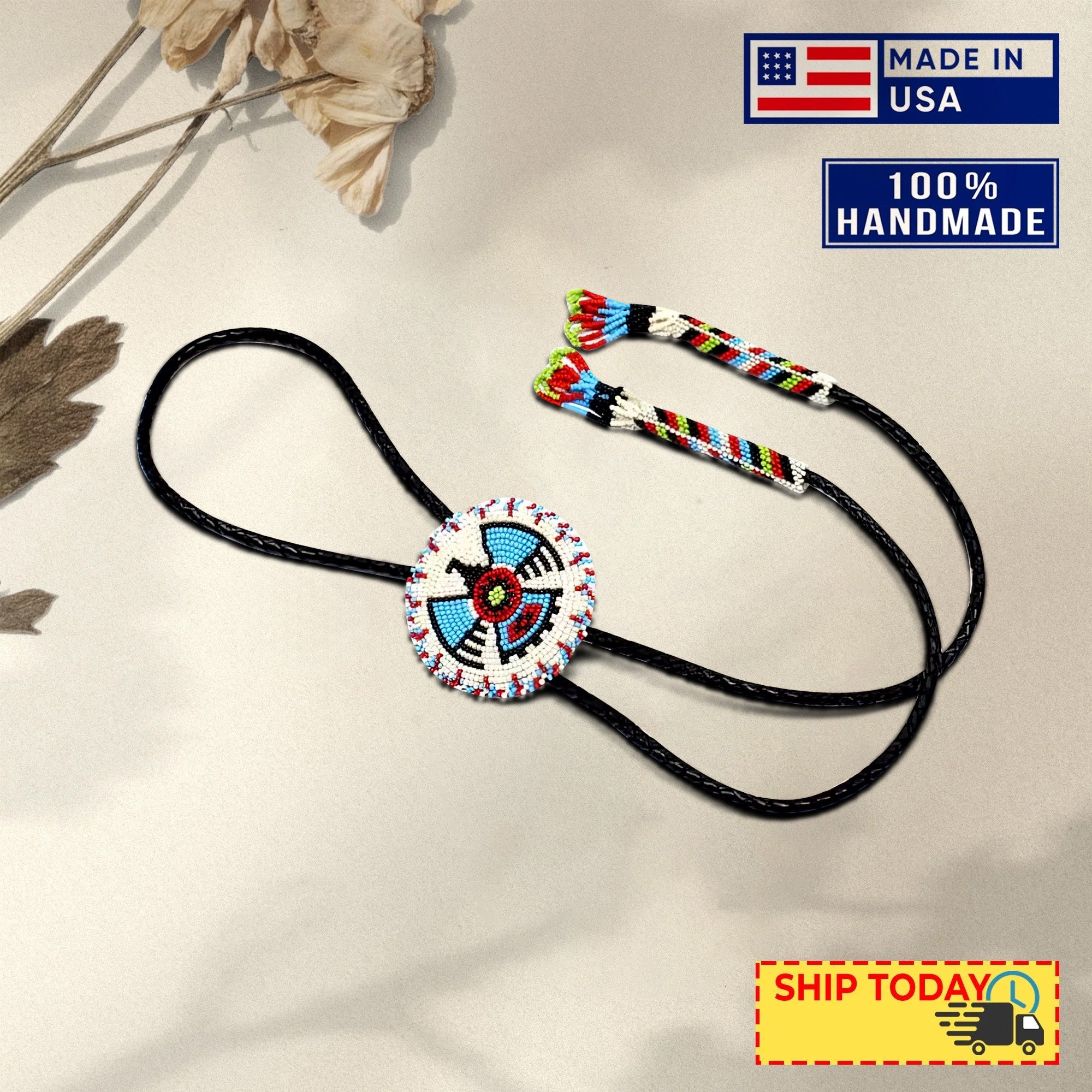 SALE 50% OFF - Handmade Cream Thunderbird Leather Bolo Tie with Beading Handmade Star Beadwork Unisex With Native American Style